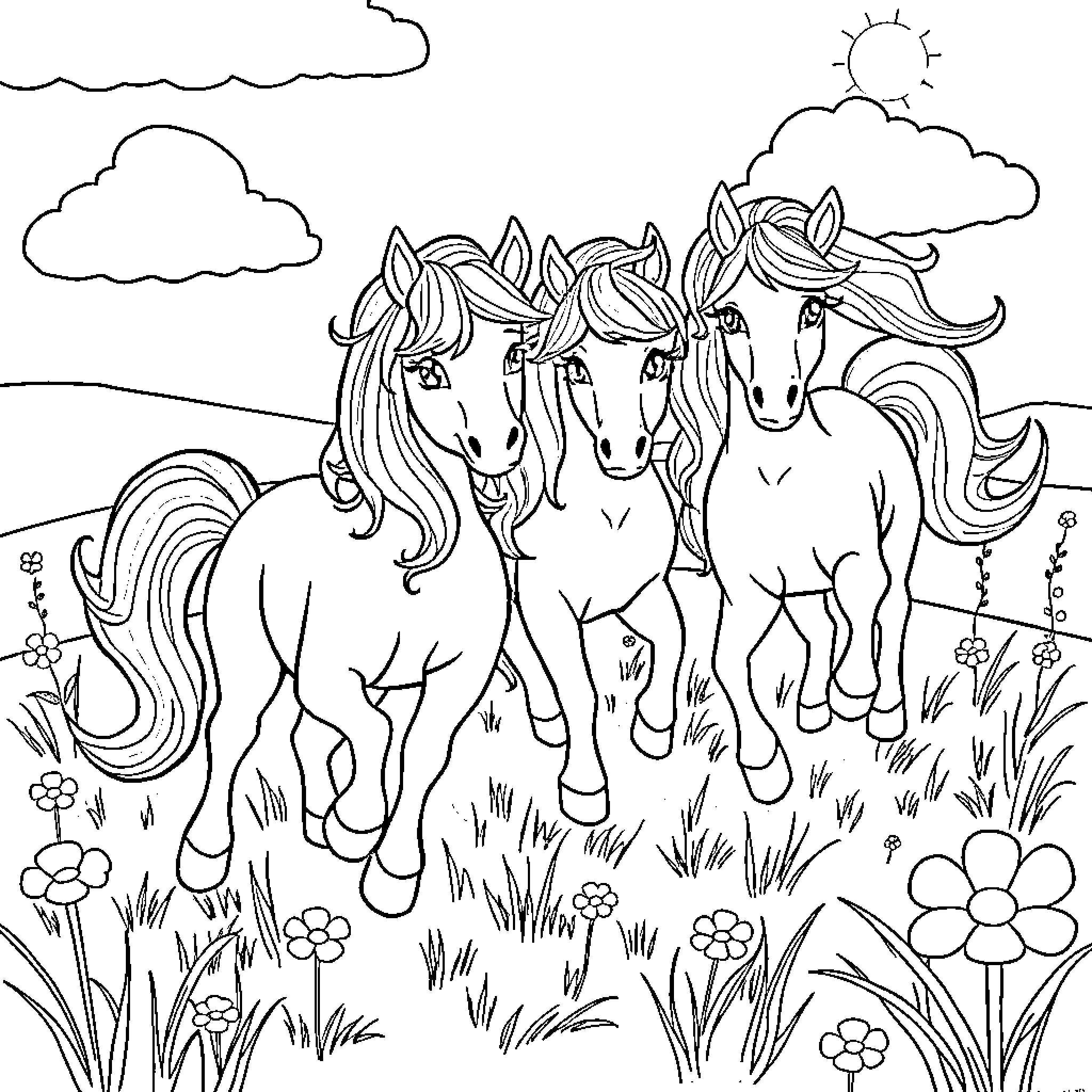Pony friends running joyfully in the meadow Coloring Page (free black-and-white line drawing printable PDF for all, from beginners to advanced learners, including children, teens, adults, and seniors)