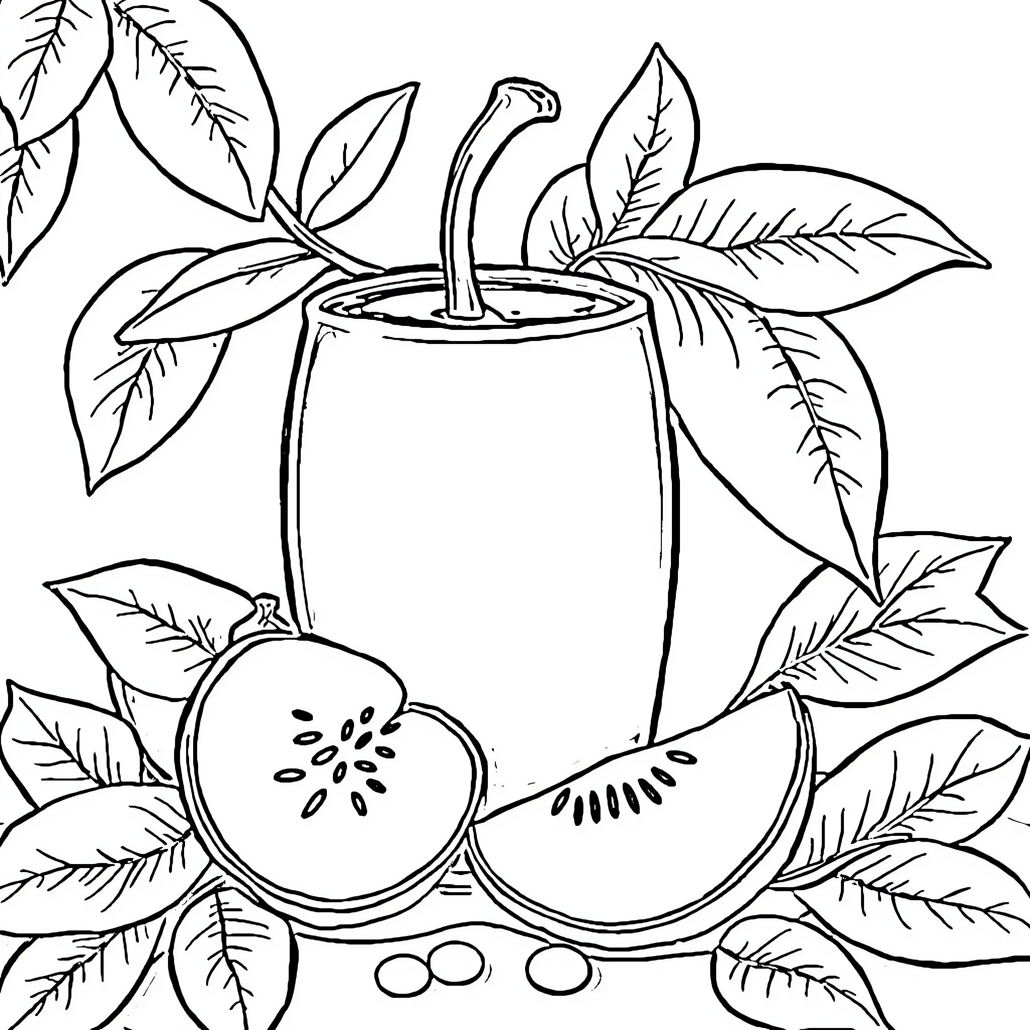 Fruit Drink with Leaves and Sliced Fruit Coloring Page (free black-and-white line drawing printable PDF for all, from beginners to advanced learners, including children, teens, adults, and seniors)