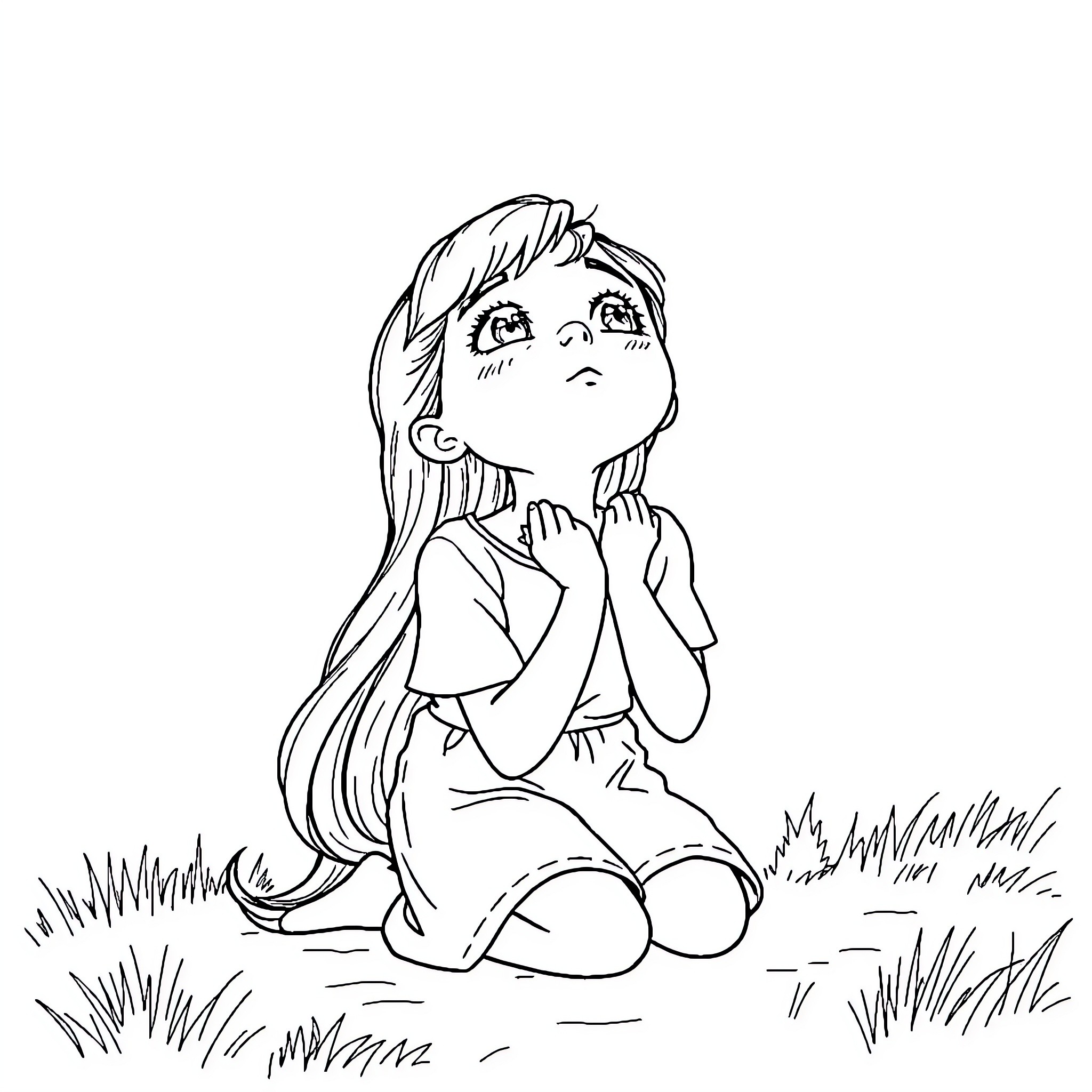 Redhead girl contemplating in a peaceful meadow Coloring Page (free black-and-white line drawing printable PDF for all, from beginners to advanced learners, including children, teens, adults, and seniors)