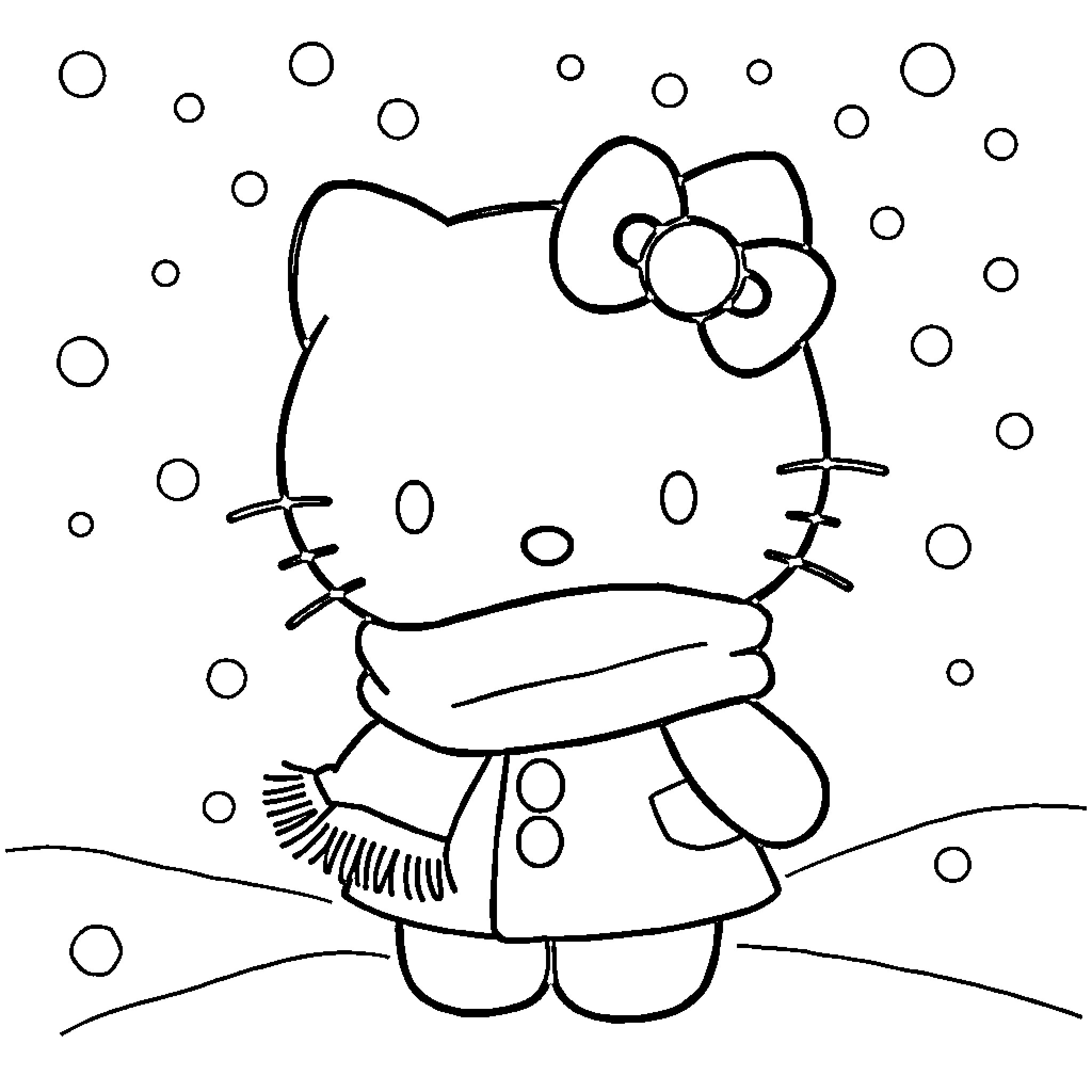 Hello Kitty playing in snowy weather Coloring Page (free black-and-white line drawing printable PDF for all, from beginners to advanced learners, including children, teens, adults, and seniors)