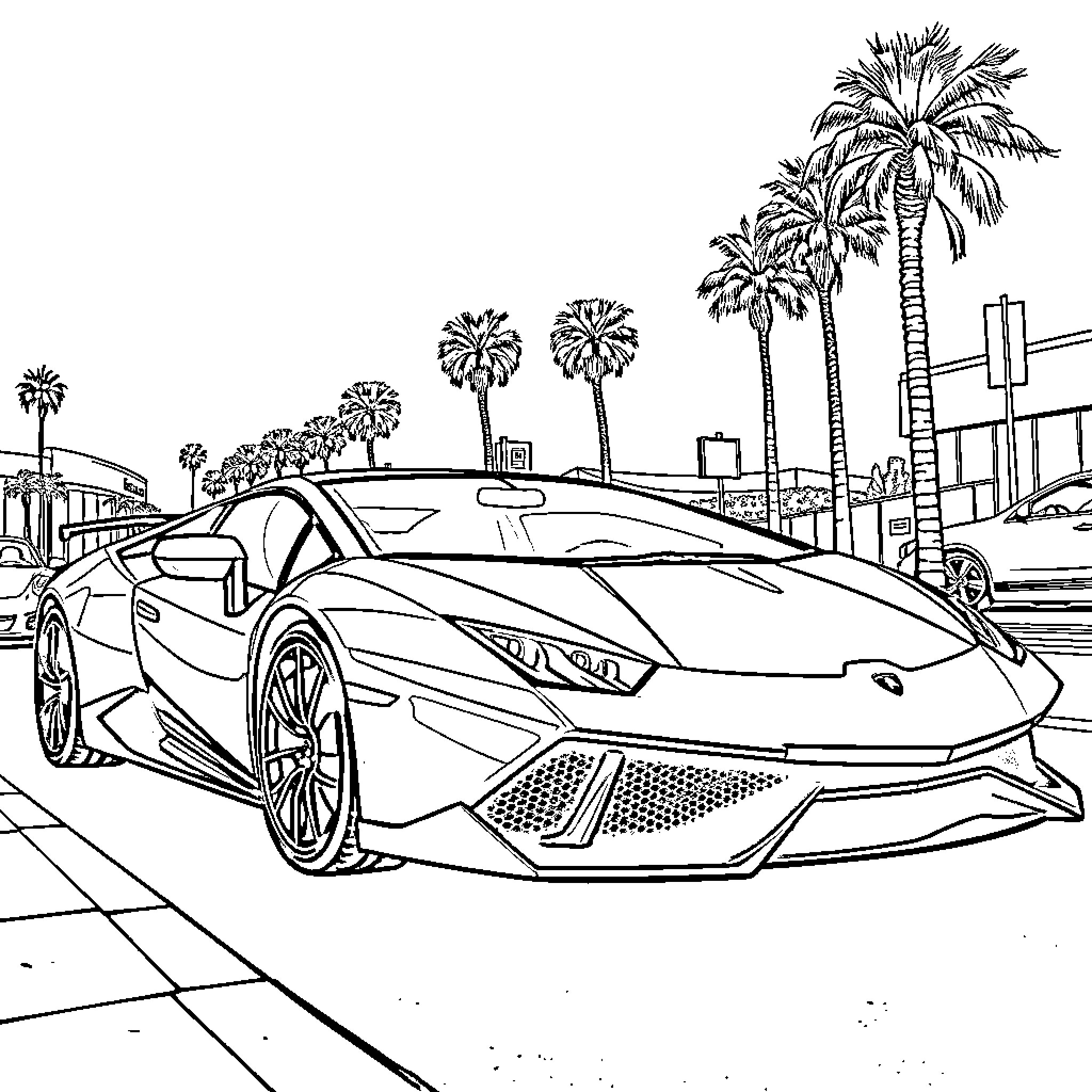 Lamborghini sports car in vibrant urban setting Coloring Page (free black-and-white line drawing printable PDF for all, from beginners to advanced learners, including children, teens, adults, and seniors)