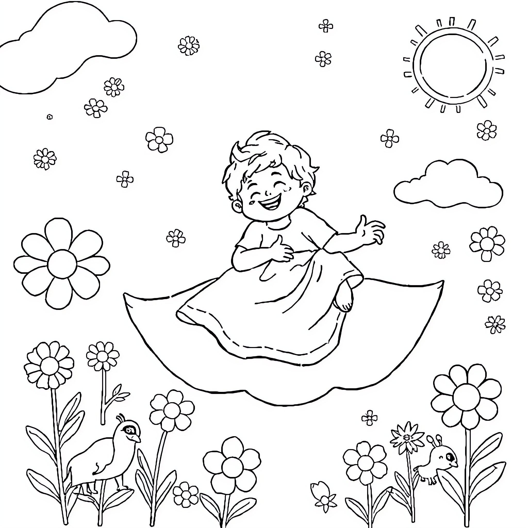 God's Joyous Child in a Floral Garden Coloring Page (free black-and-white line drawing printable PDF for all, from beginners to advanced learners, including children, teens, adults, and seniors)