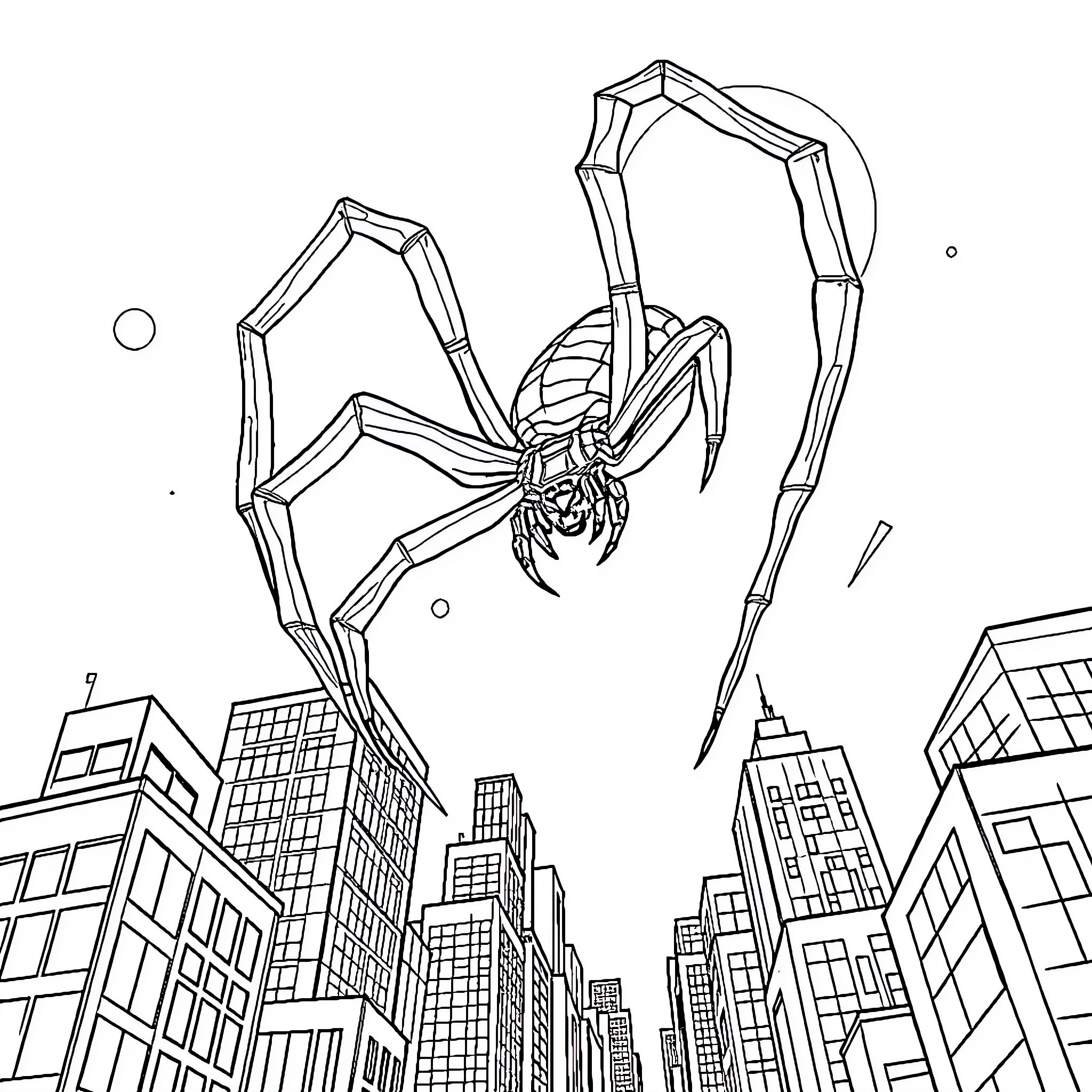 Spider's Menacing Presence Looms over the City Coloring Page (free black-and-white line drawing printable PDF for all, from beginners to advanced learners, including children, teens, adults, and seniors)