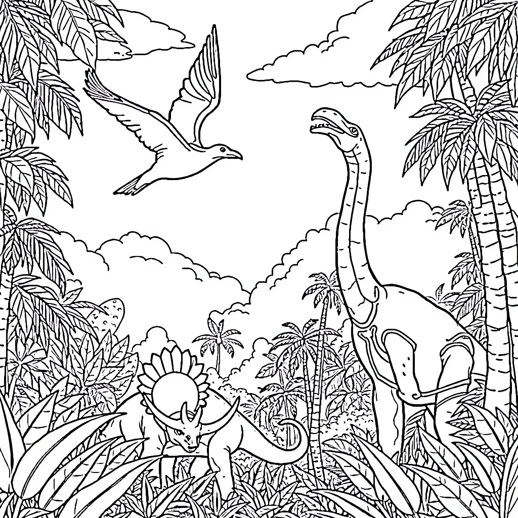 Dinosaur exploring tropical jungle landscape Coloring Page (free black-and-white line drawing printable PDF for all, from beginners to advanced learners, including children, teens, adults, and seniors)
