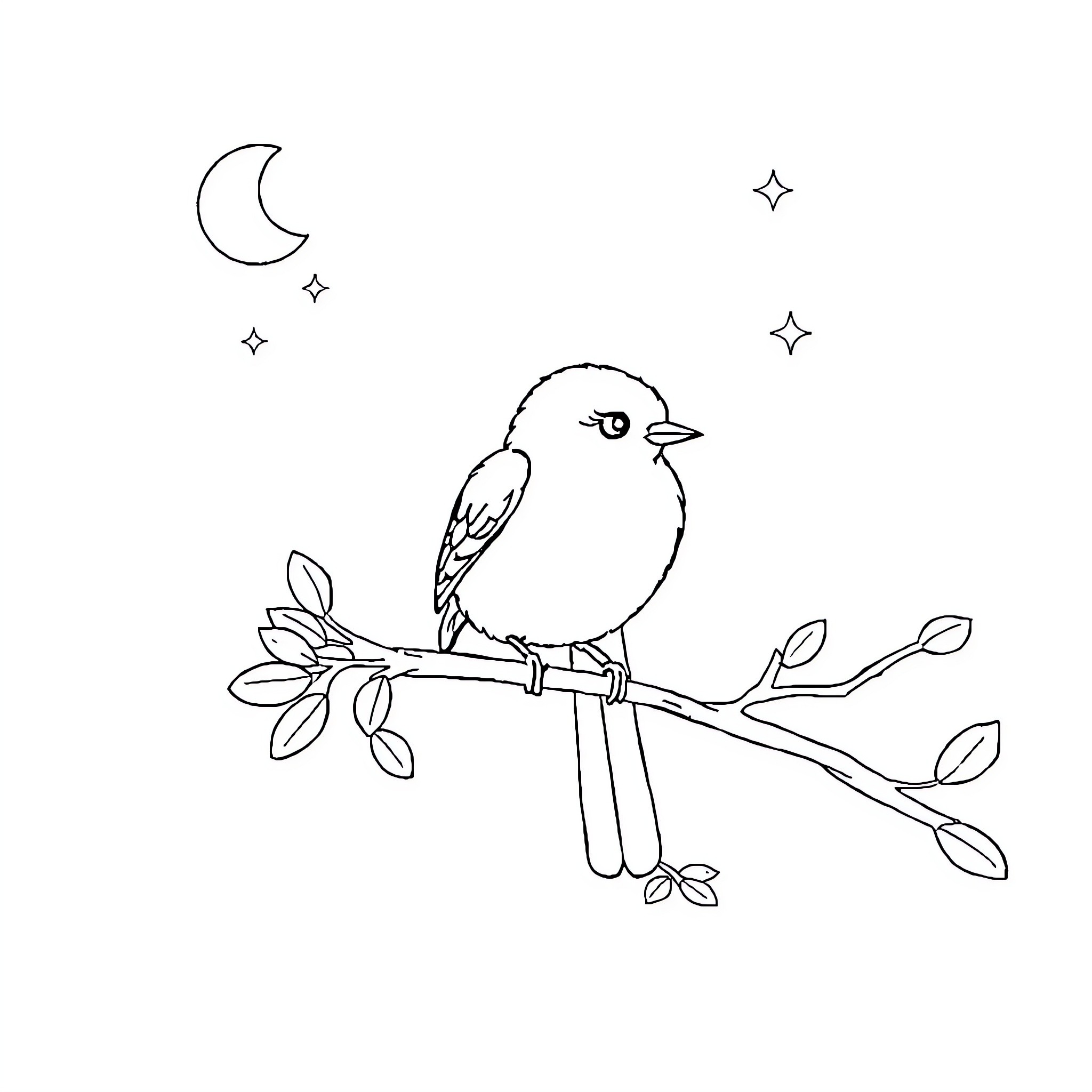 Jul bird resting on moonlit branch Coloring Page (free black-and-white line drawing printable PDF for all, from beginners to advanced learners, including children, teens, adults, and seniors)