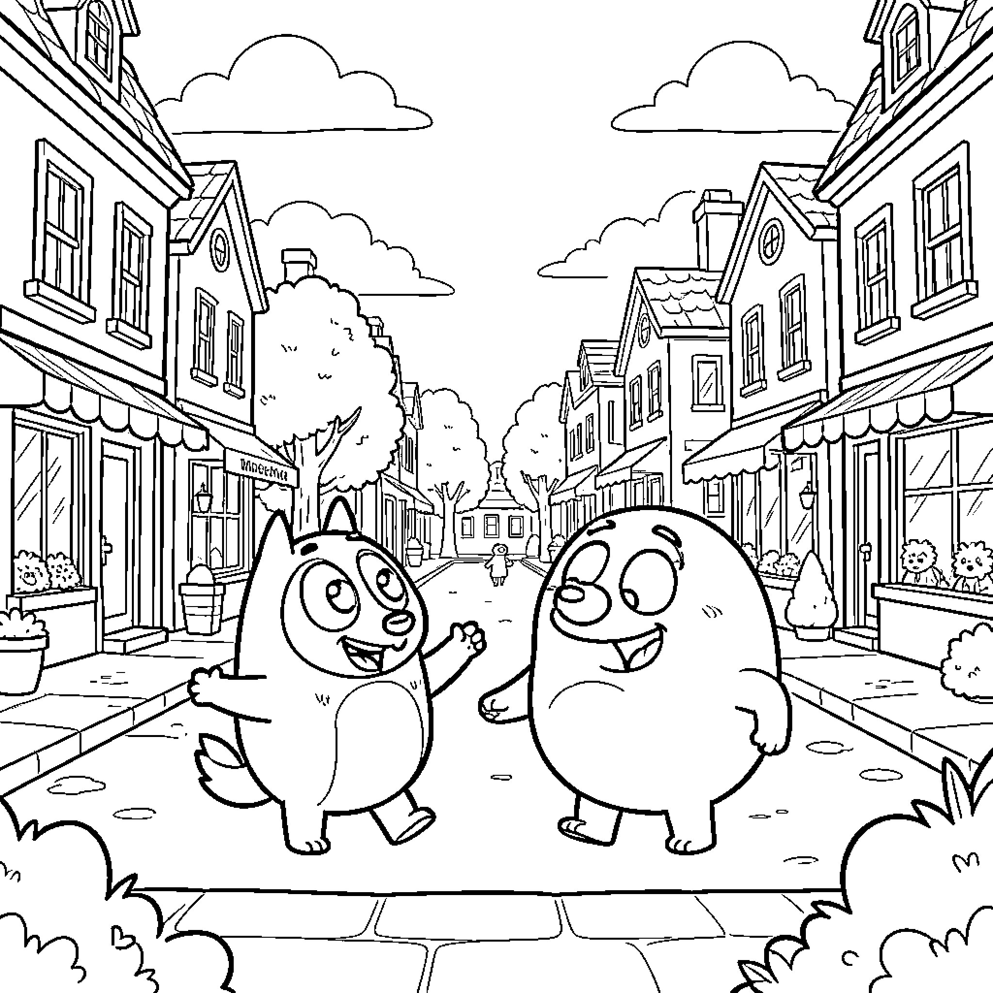 Bluey's Playful Adventure in the Town Coloring Page (free black-and-white line drawing printable PDF for all, from beginners to advanced learners, including children, teens, adults, and seniors)