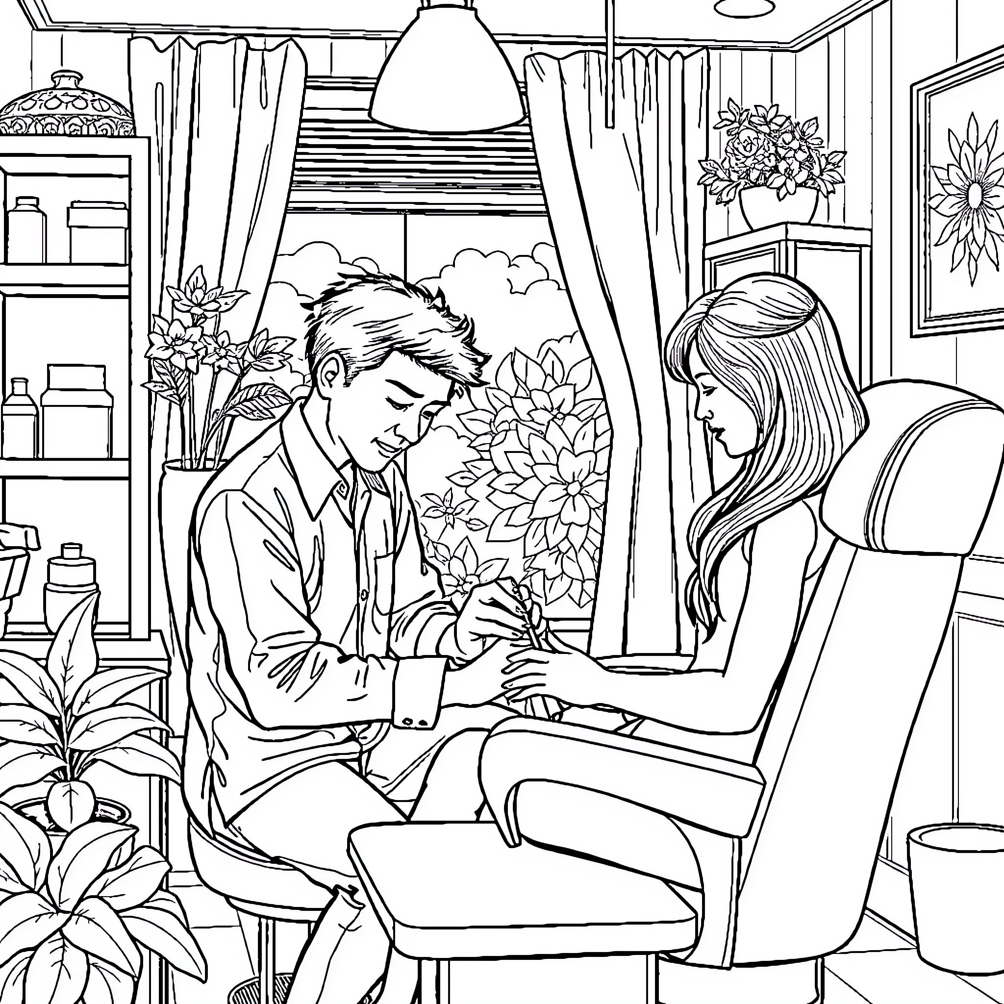 Man and woman having a conversation in cozy home setting Coloring Page (free black-and-white line drawing printable PDF for all, from beginners to advanced learners, including children, teens, adults, and seniors)