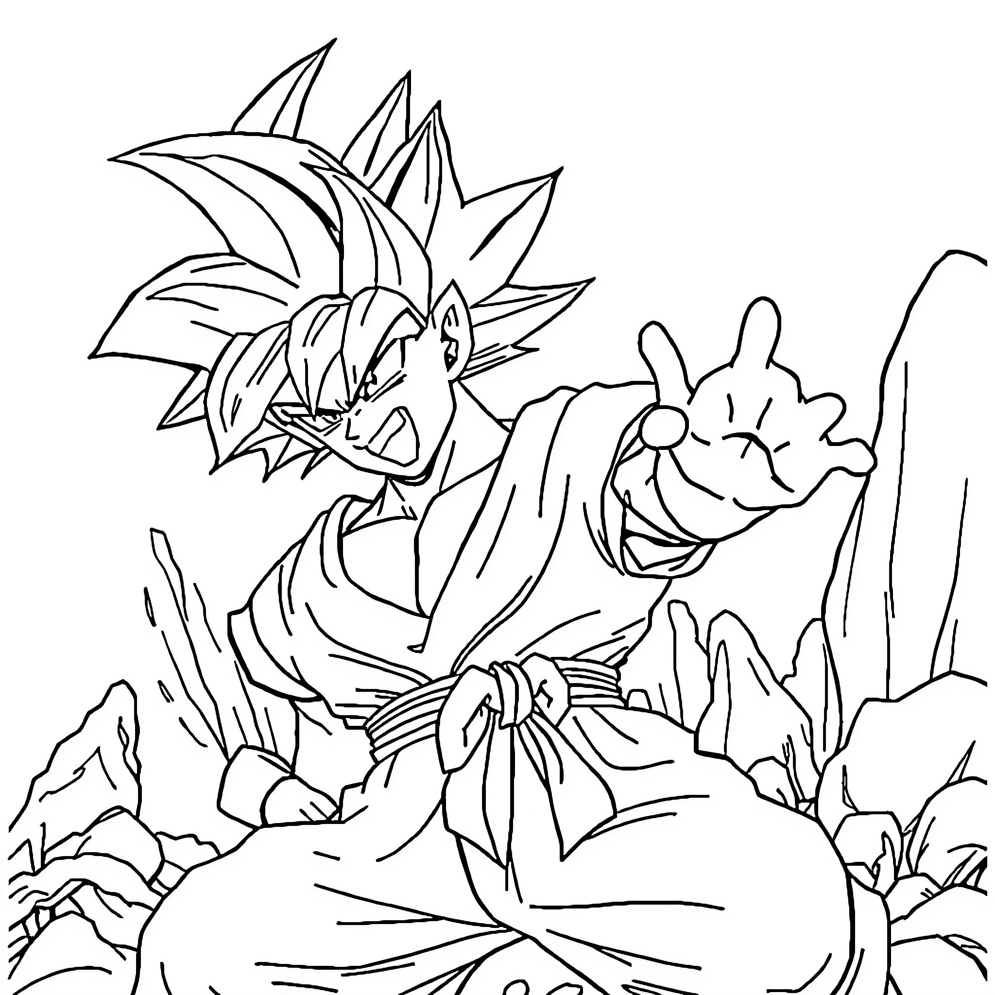 Dragonball character in action pose on rocky terrain Coloring Page (free black-and-white line drawing printable PDF for all, from beginners to advanced learners, including children, teens, adults, and seniors)
