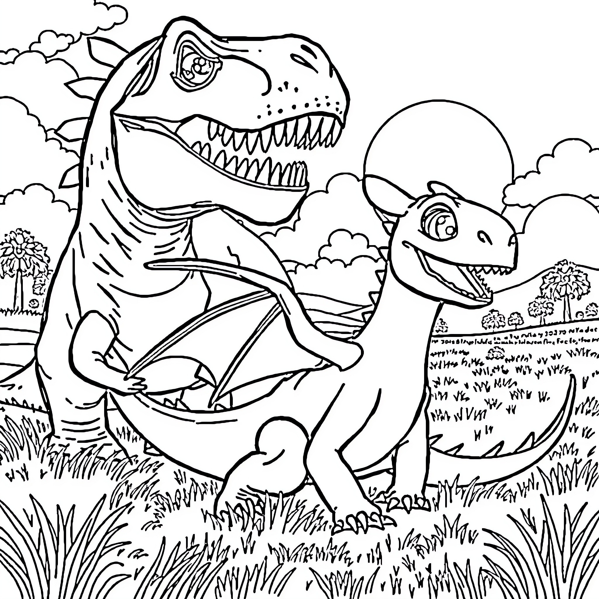 Toothless dinosaurs exploring the grassy landscape Coloring Page (free black-and-white line drawing printable PDF for all, from beginners to advanced learners, including children, teens, adults, and seniors)
