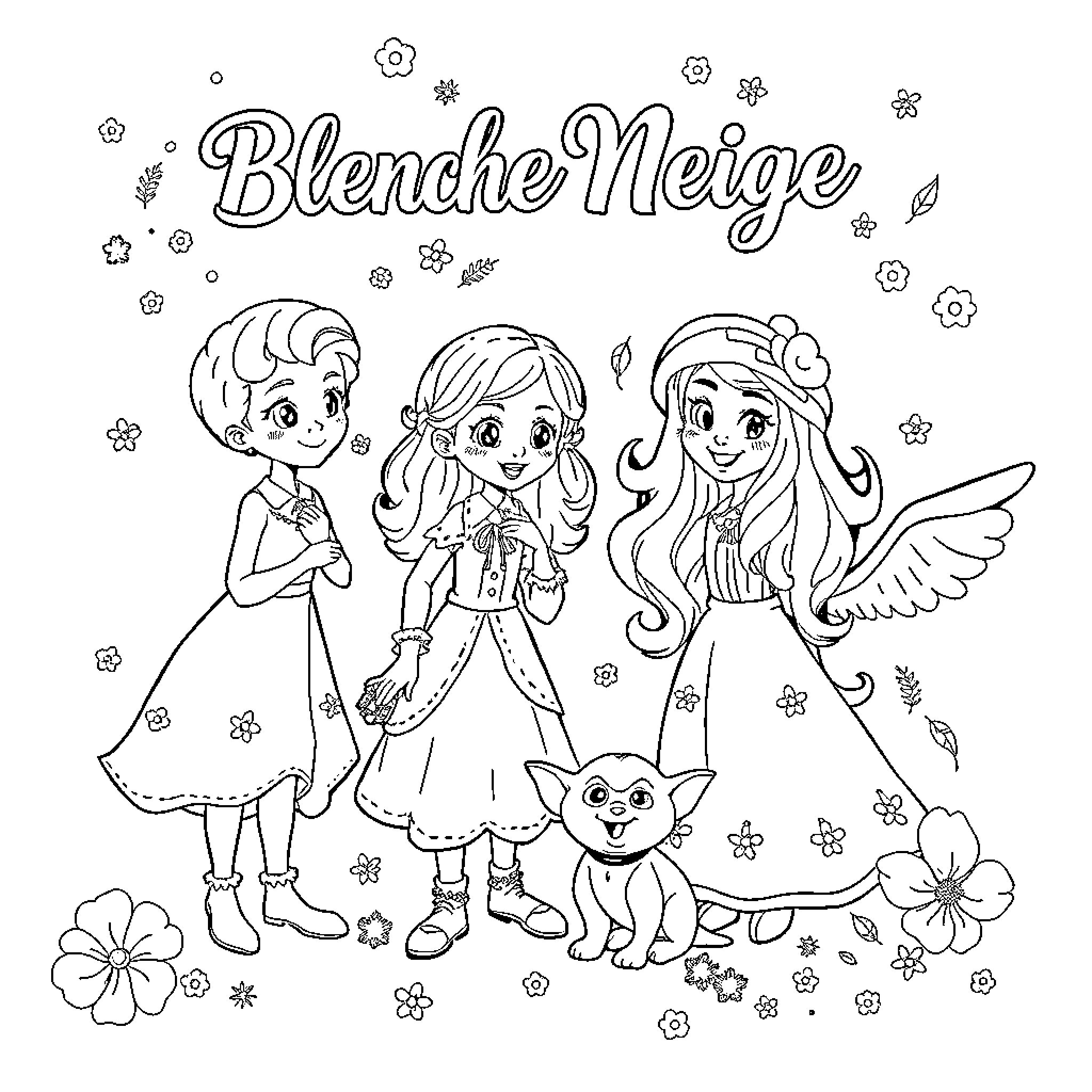 Snow White and her friends explore the snowy forest Coloring Page (free black-and-white line drawing printable PDF for all, from beginners to advanced learners, including children, teens, adults, and seniors)