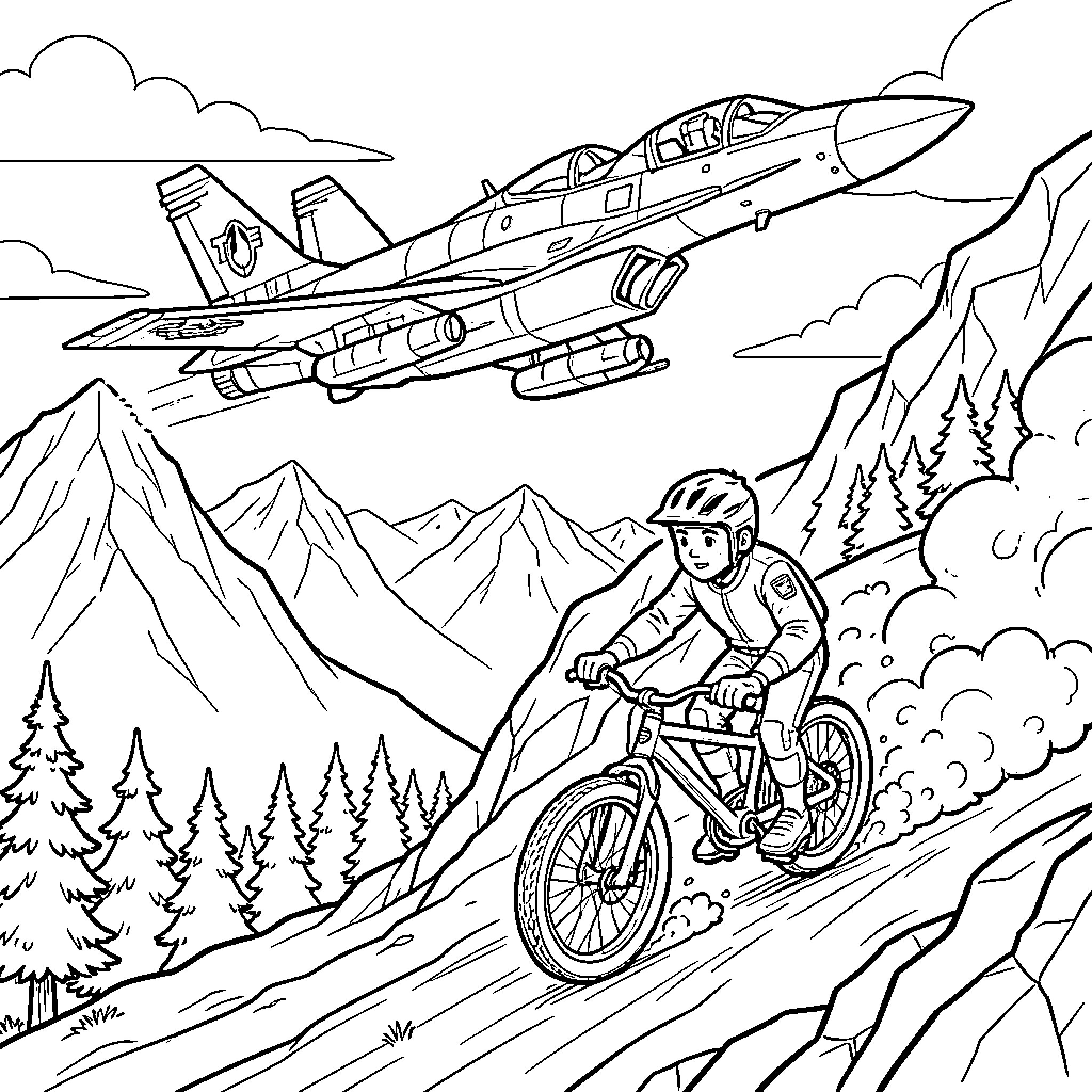 Jet flying over a person riding a mountain bike Coloring Page (free black-and-white line drawing printable PDF for all, from beginners to advanced learners, including children, teens, adults, and seniors)