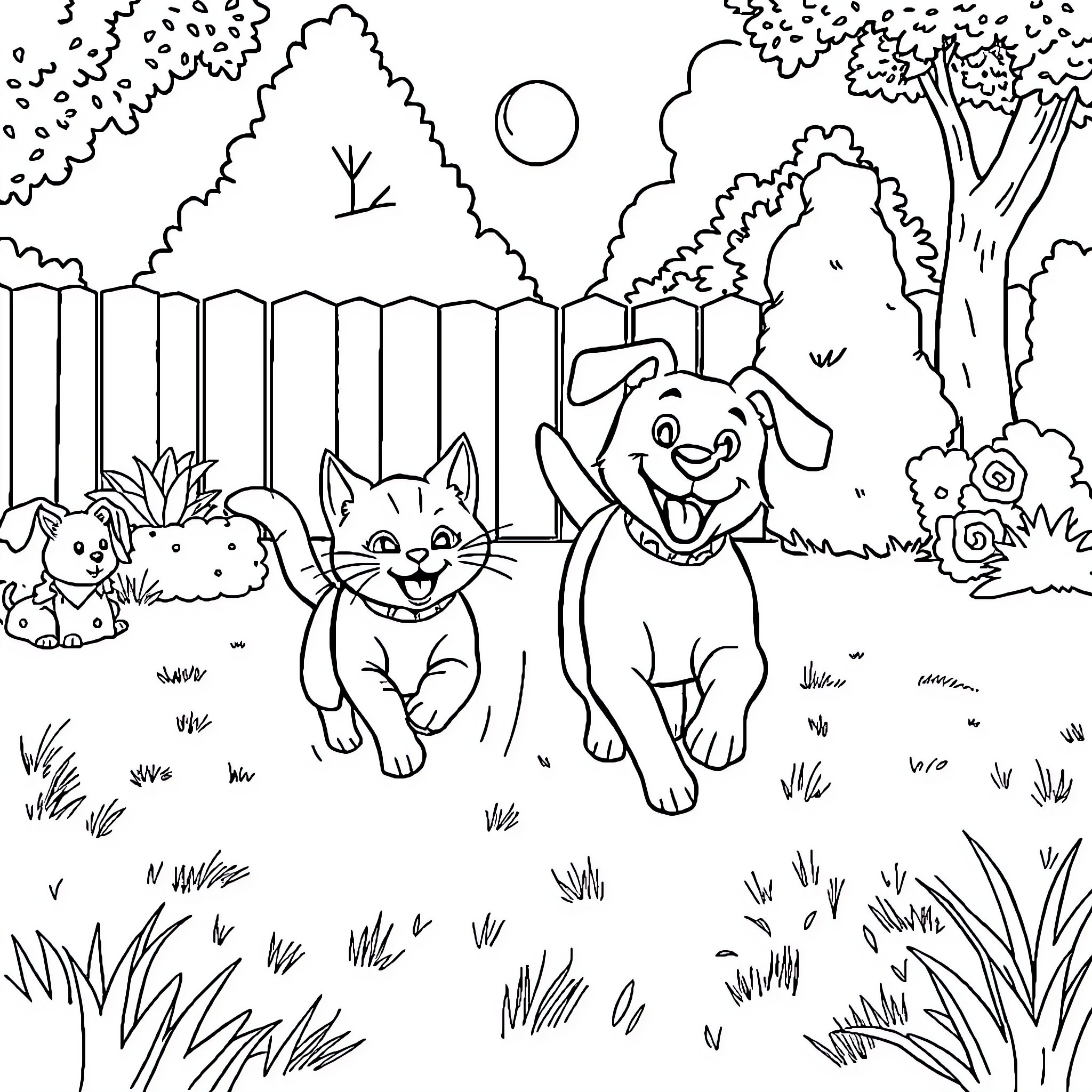 Cat and Dog Enjoying Nature in the Backyard Coloring Page (free black-and-white line drawing printable PDF for all, from beginners to advanced learners, including children, teens, adults, and seniors)