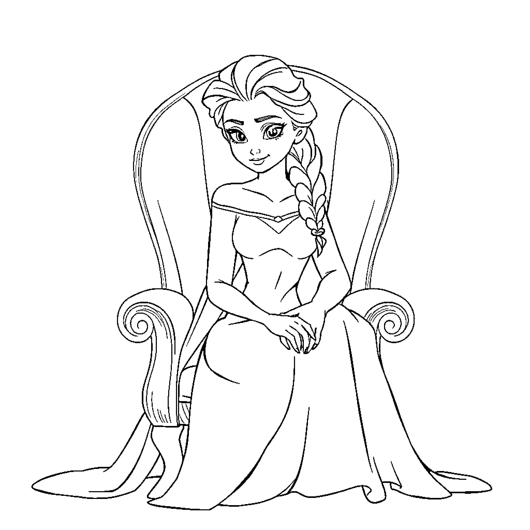 Elsa sitting elegantly on a throne Coloring Page (free black-and-white line drawing printable PDF for all, from beginners to advanced learners, including children, teens, adults, and seniors)