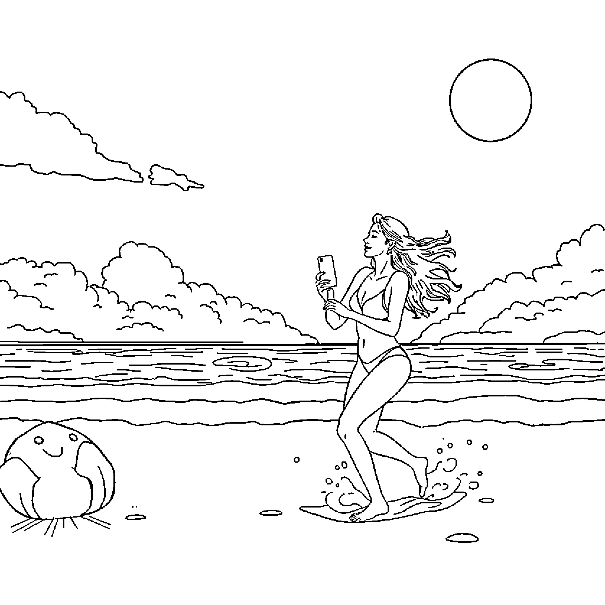 Sister taking a selfie by the beach Coloring Page (free black-and-white line drawing printable PDF for all, from beginners to advanced learners, including children, teens, adults, and seniors)