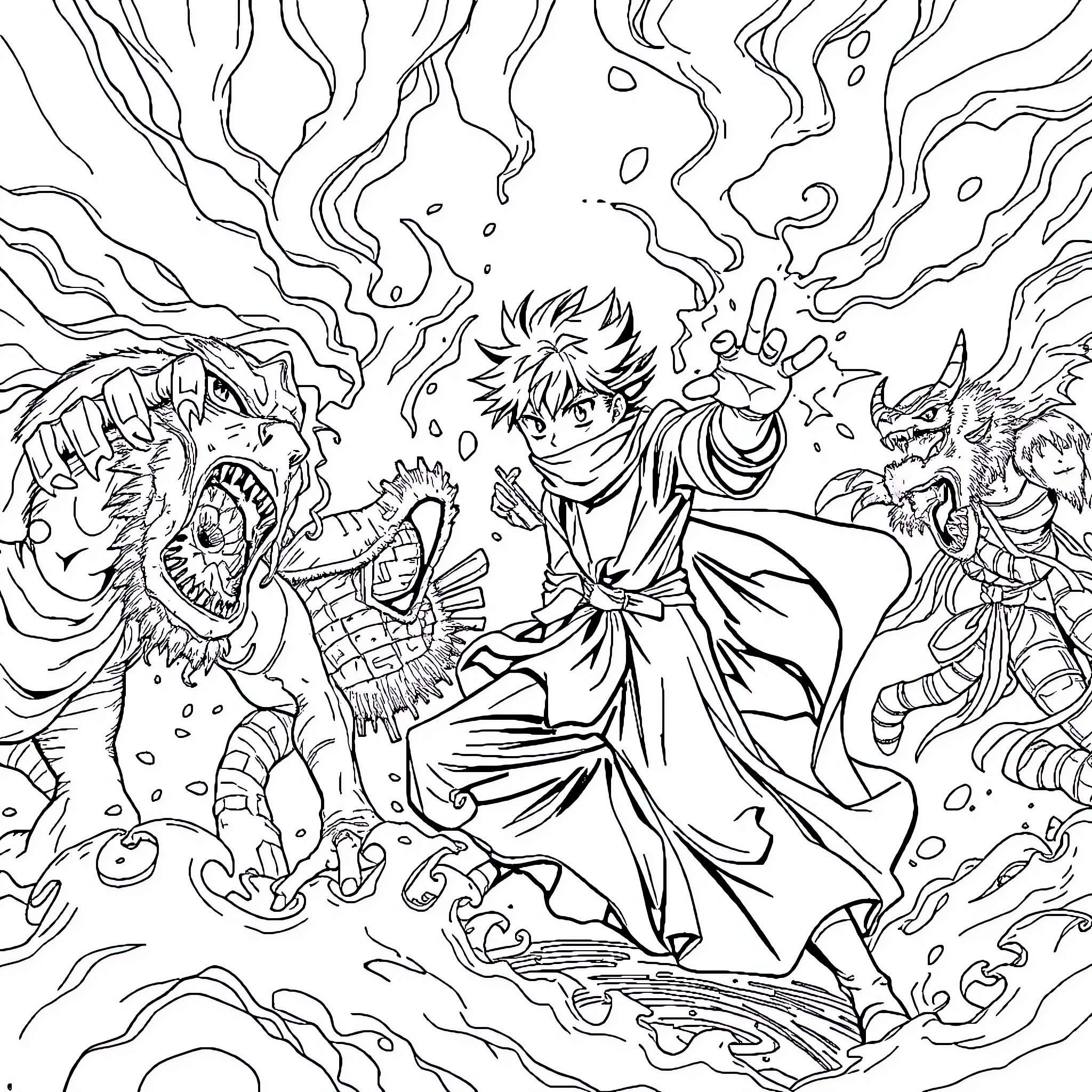 Magic User Battles Mythical Creatures in Swirling Energy Coloring Page (free black-and-white line drawing printable PDF for all, from beginners to advanced learners, including children, teens, adults, and seniors)