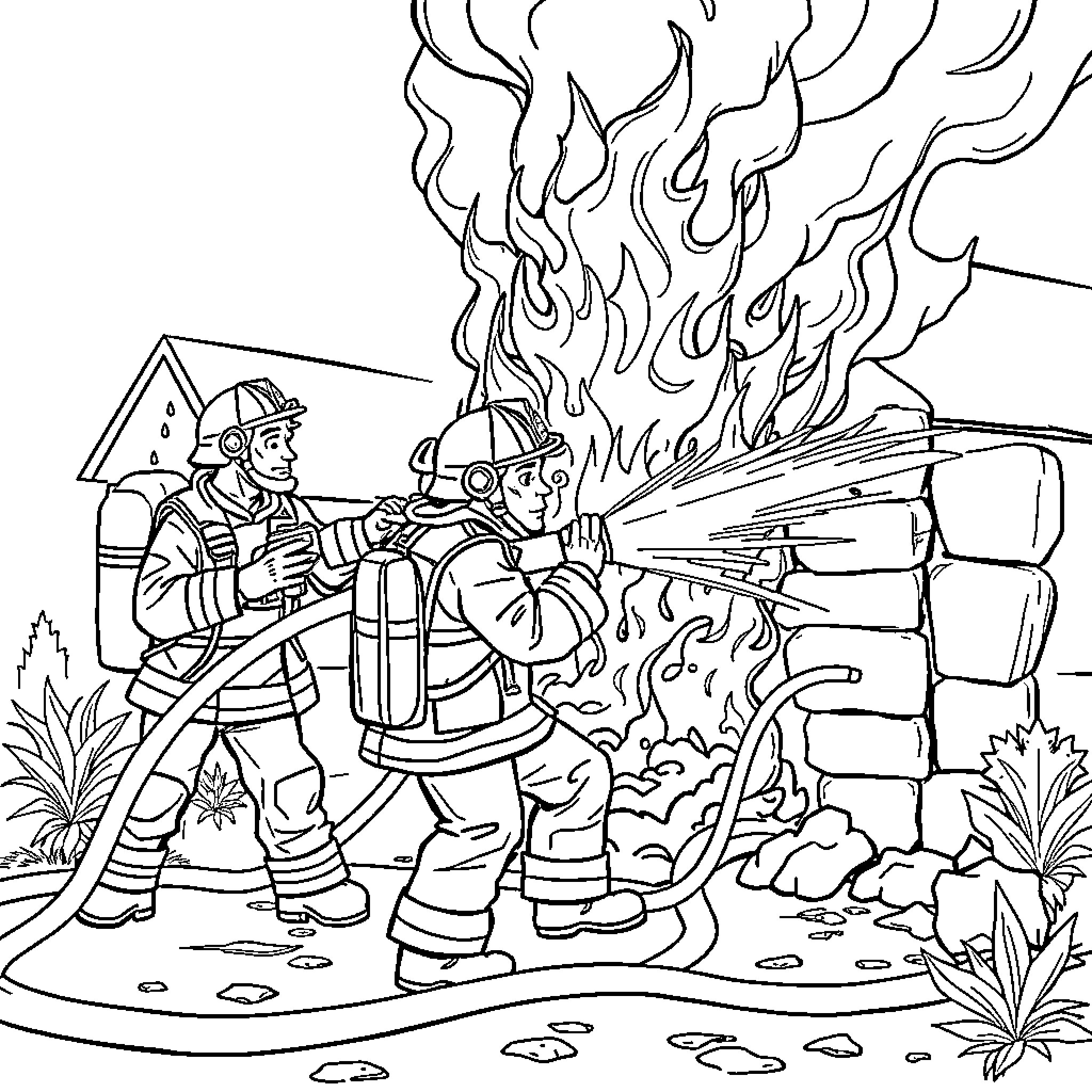 Firefighters bravely extinguishing a blaze at the scene Coloring Page (free black-and-white line drawing printable PDF for all, from beginners to advanced learners, including children, teens, adults, and seniors)
