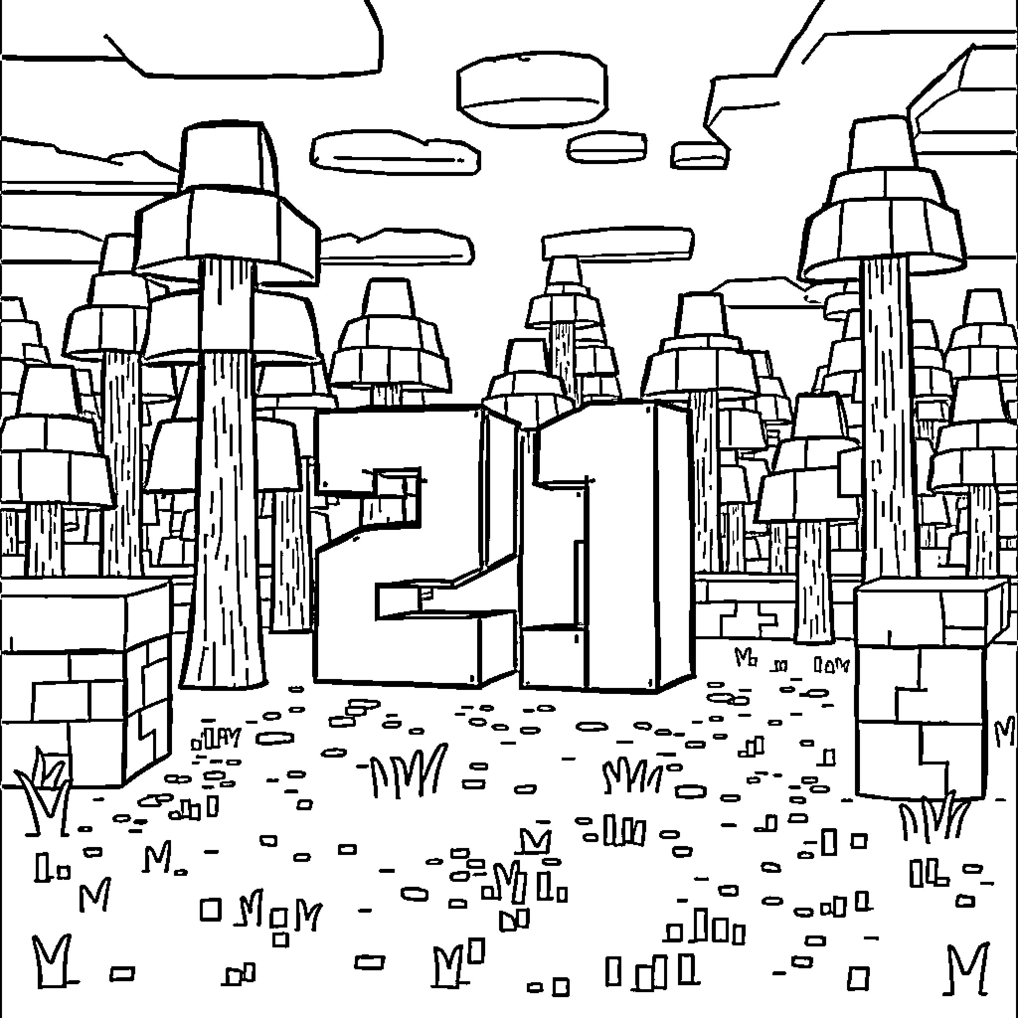 Minecraft Cityscape with Unique Architectural Structures Coloring Page (free black-and-white line drawing printable PDF for all, from beginners to advanced learners, including children, teens, adults, and seniors)