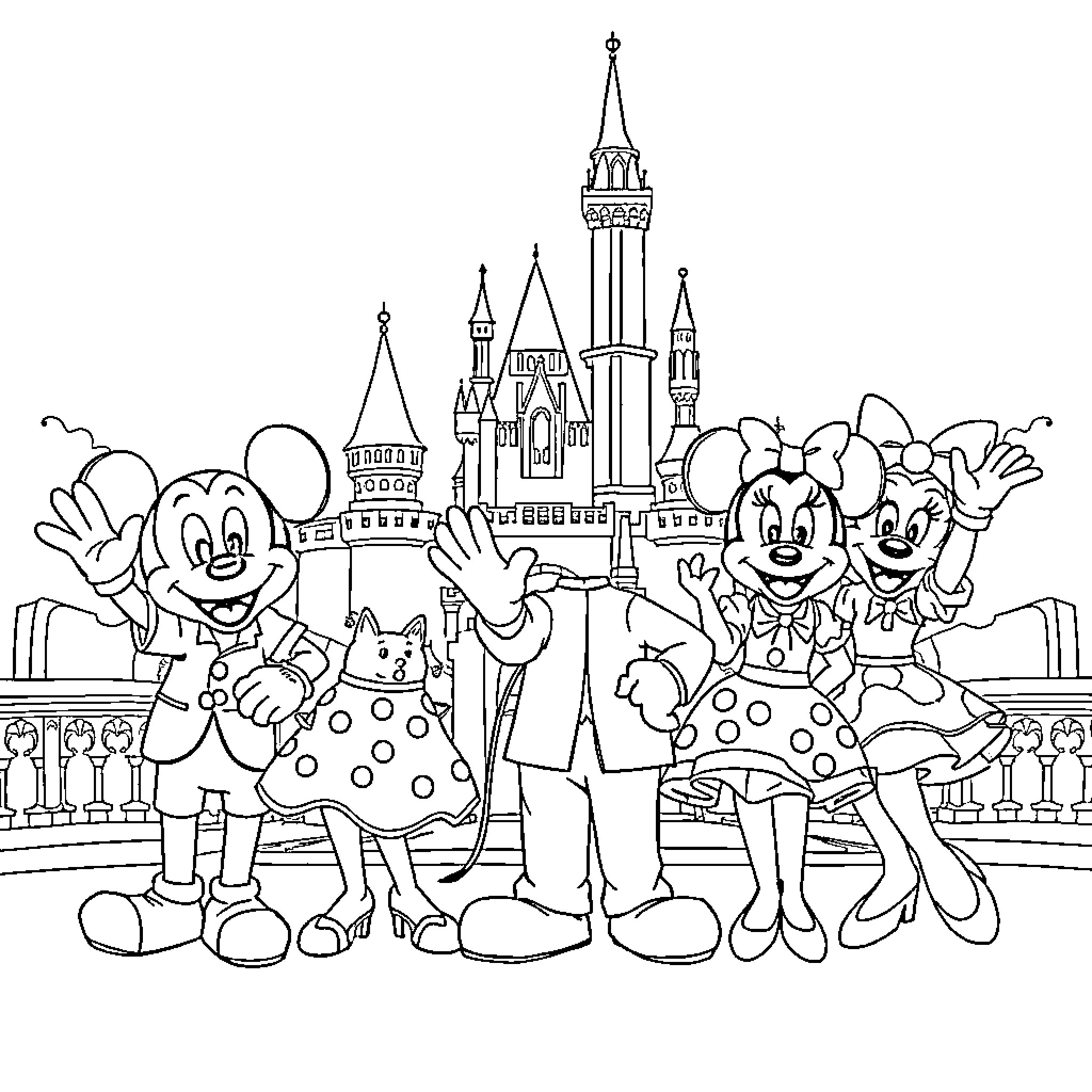 Disneyland Character Ensemble Posing in Front of Castle Coloring Page (free black-and-white line drawing printable PDF for all, from beginners to advanced learners, including children, teens, adults, and seniors)