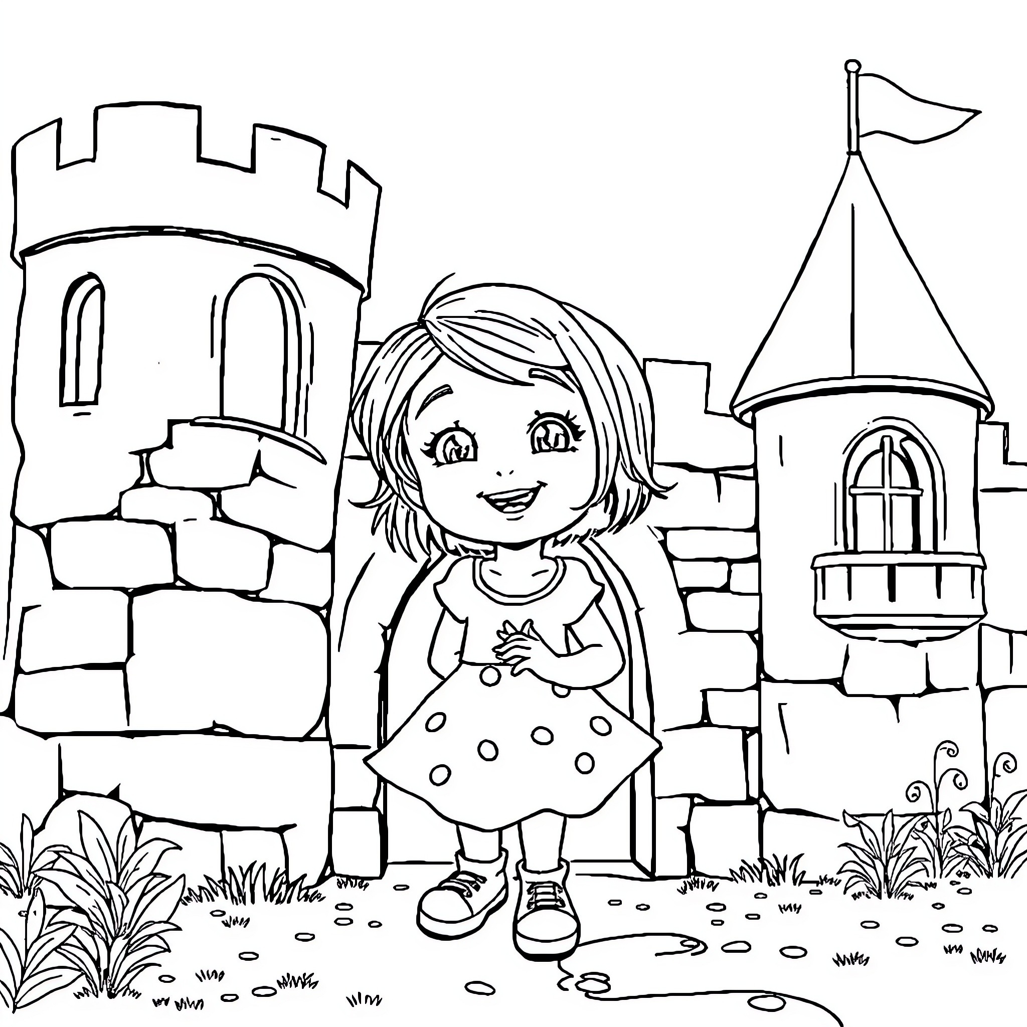 Nina's Joyful Adventure in the Castle Courtyard Coloring Page (free black-and-white line drawing printable PDF for all, from beginners to advanced learners, including children, teens, adults, and seniors)