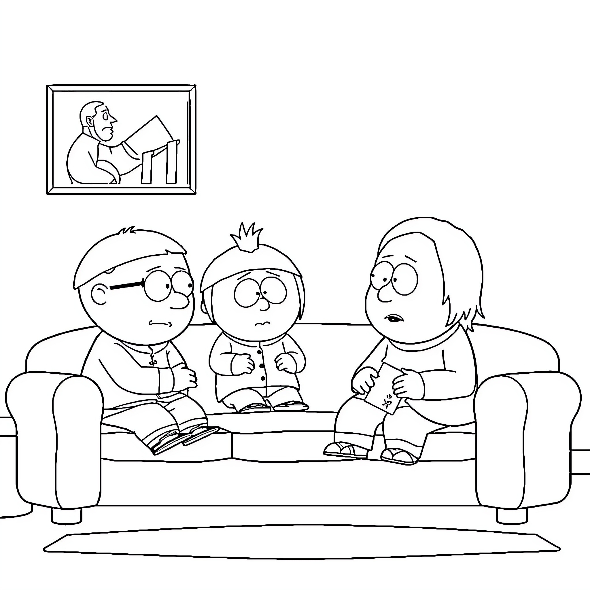 South Park boys in casual conversation on the couch Coloring Page (free black-and-white line drawing printable PDF for all, from beginners to advanced learners, including children, teens, adults, and seniors)