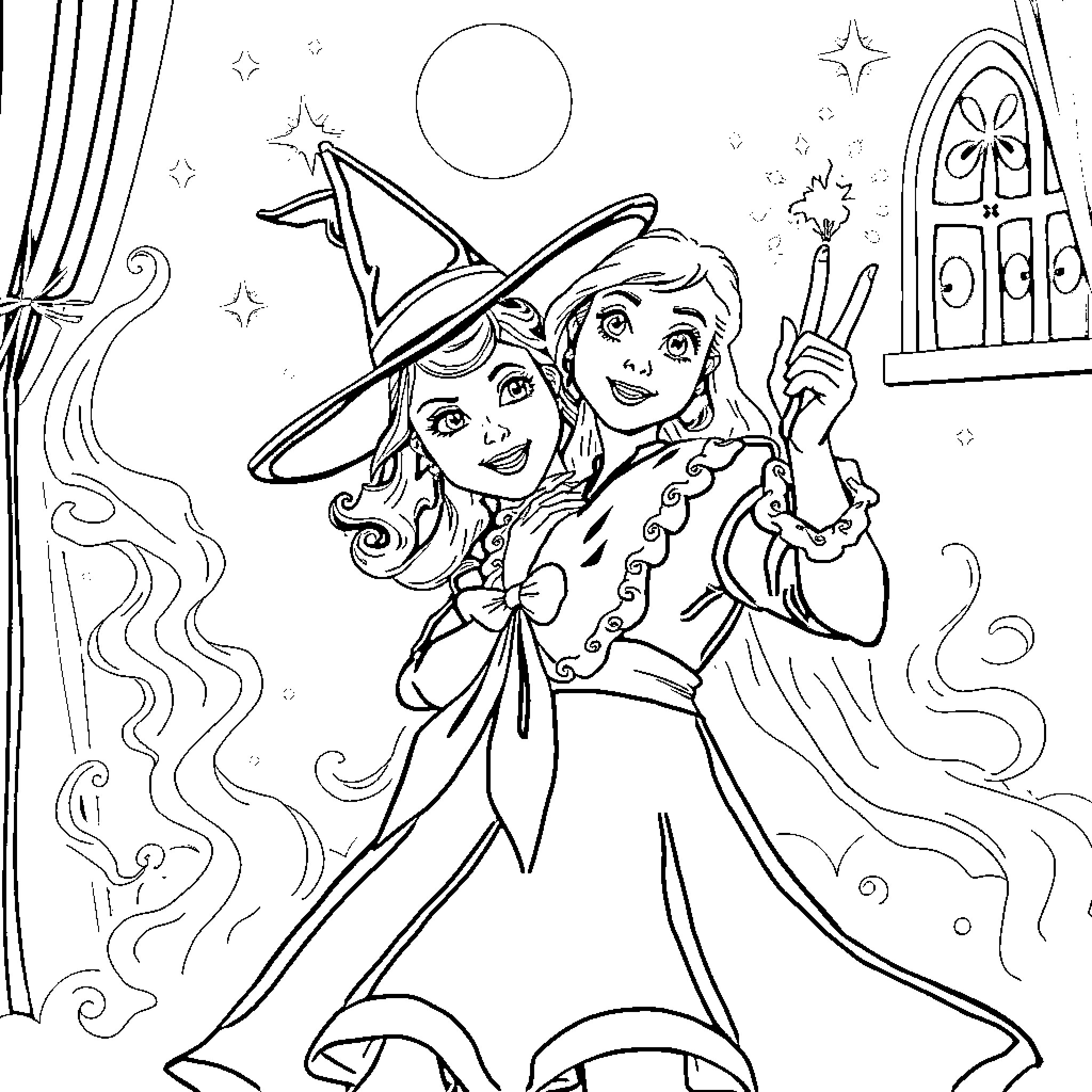 Bewitched sisters cast a spell on a magical night Coloring Page (free black-and-white line drawing printable PDF for all, from beginners to advanced learners, including children, teens, adults, and seniors)
