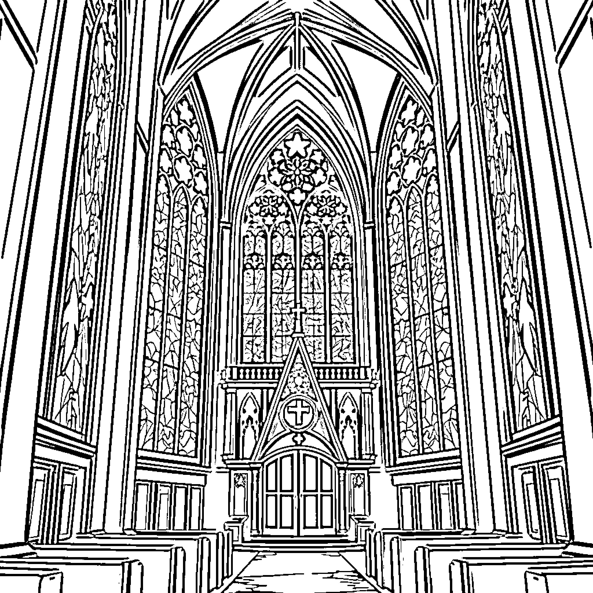 Church interior with ornate Gothic architecture Coloring Page (free black-and-white line drawing printable PDF for all, from beginners to advanced learners, including children, teens, adults, and seniors)