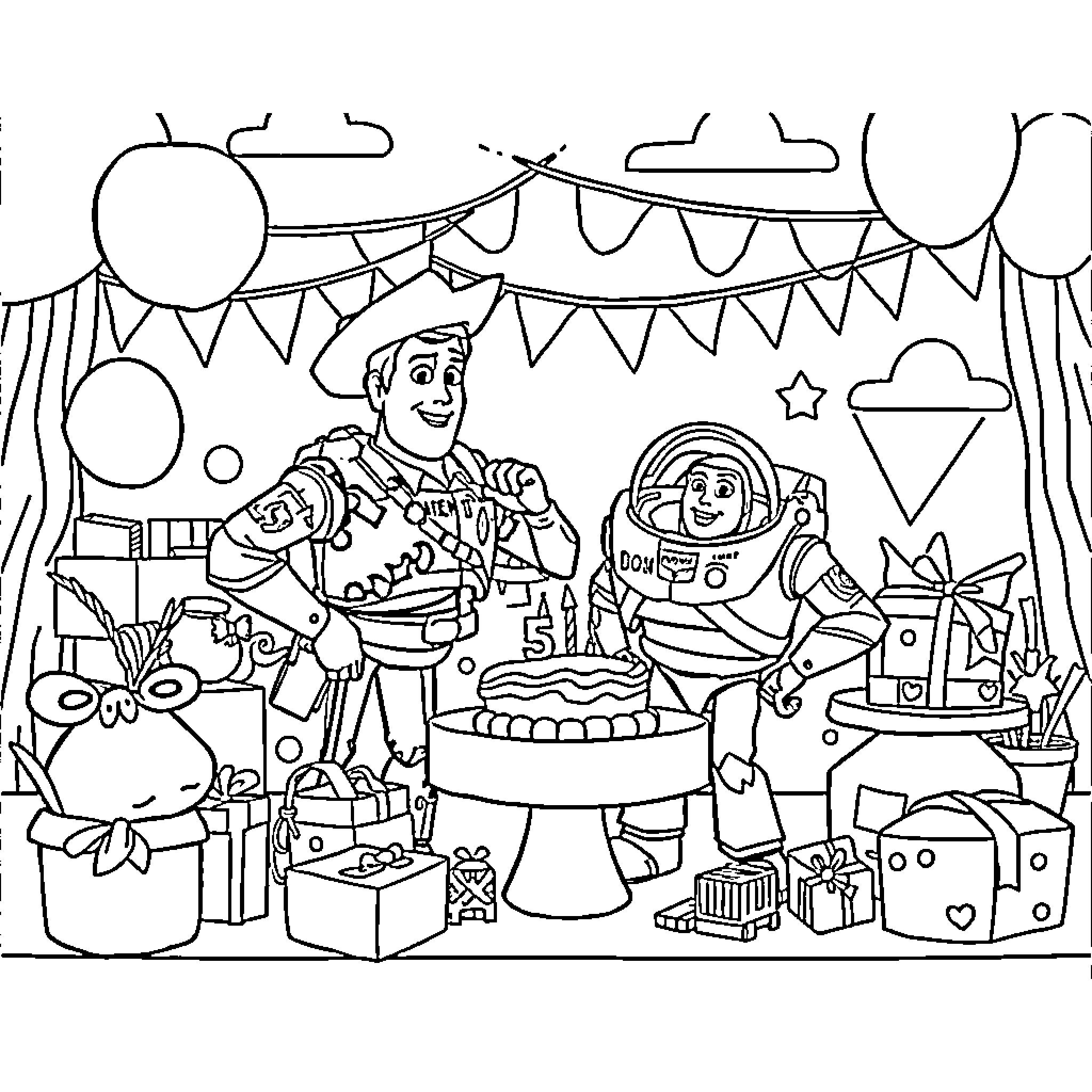 Toy Story Characters Celebrating a Party Coloring Page (free black-and-white line drawing printable PDF for all, from beginners to advanced learners, including children, teens, adults, and seniors)