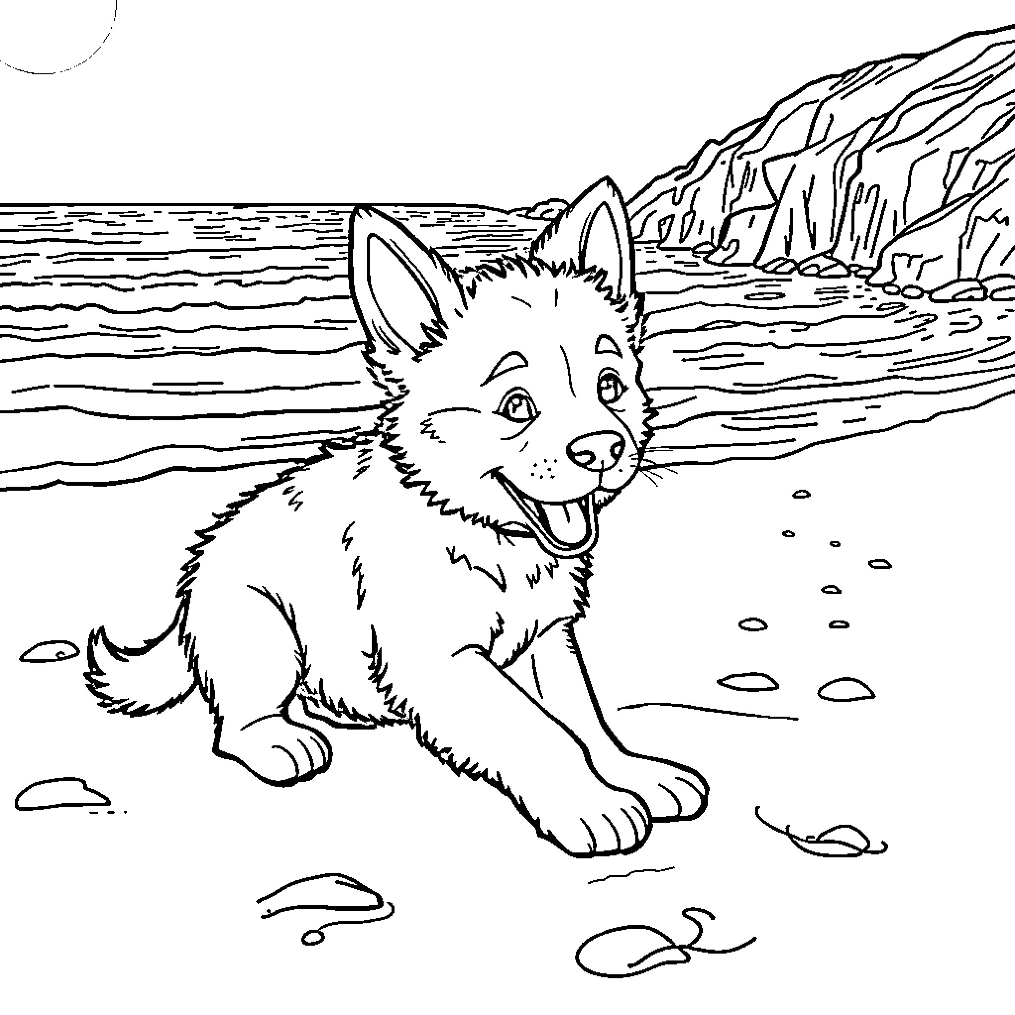 Bluey exploring the rocky coastline Coloring Page (free black-and-white line drawing printable PDF for all, from beginners to advanced learners, including children, teens, adults, and seniors)
