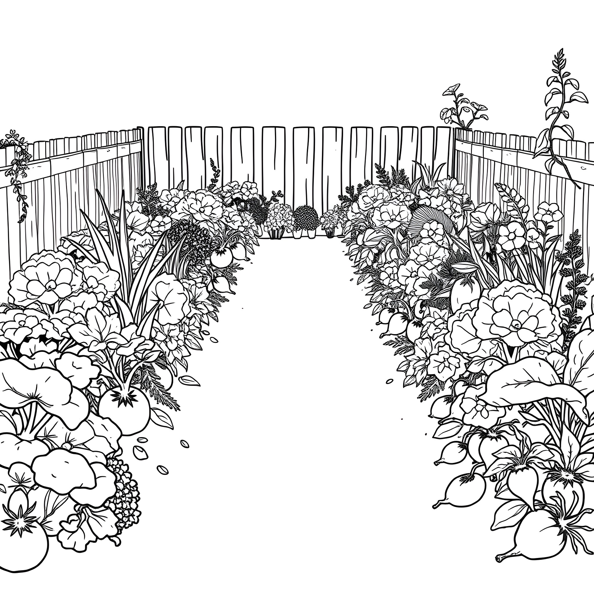 Vegetable Garden with Diverse Flowers and Foliage Coloring Page (free black-and-white line drawing printable PDF for all, from beginners to advanced learners, including children, teens, adults, and seniors)