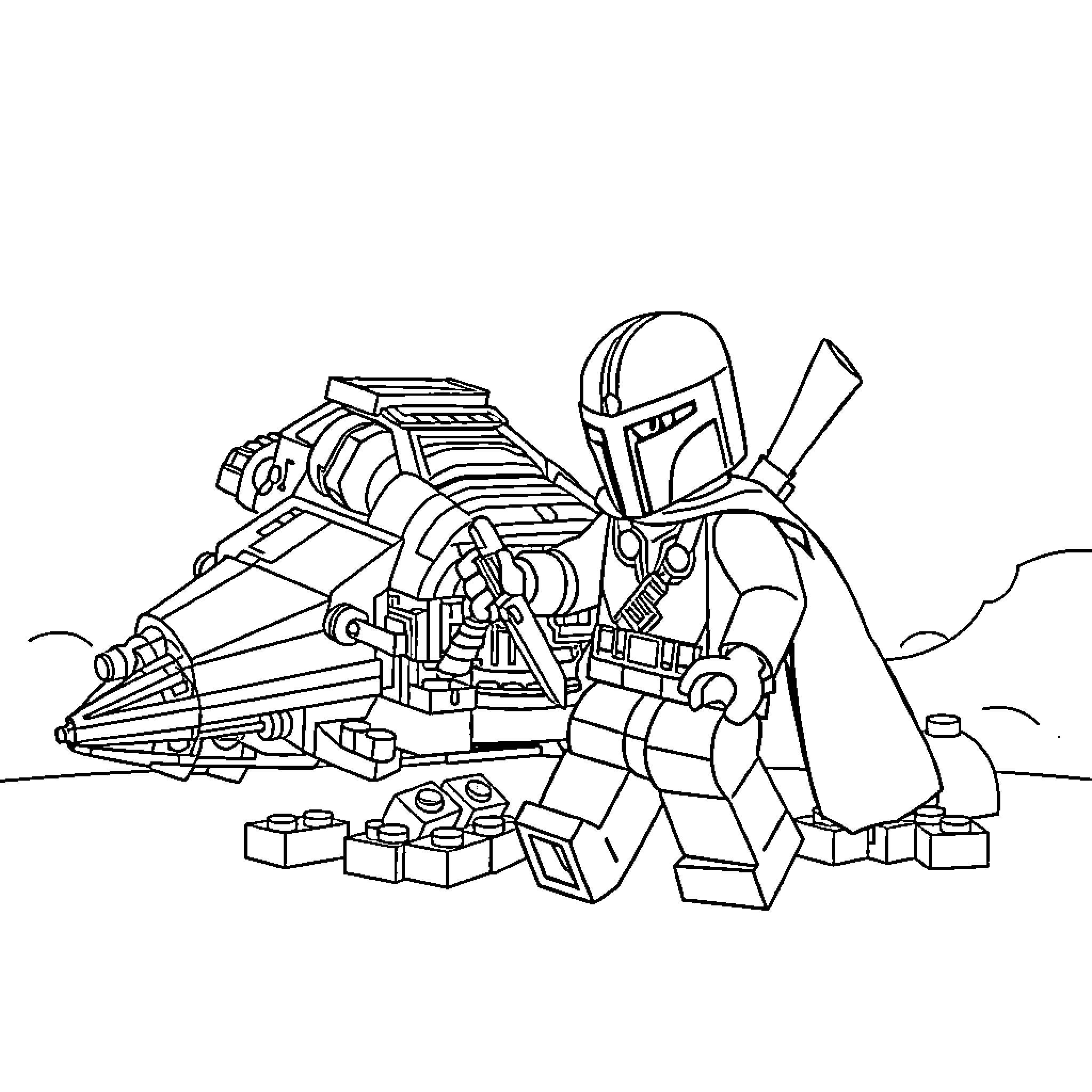Mandalorian warrior with armored vehicle Coloring Page (free black-and-white line drawing printable PDF for all, from beginners to advanced learners, including children, teens, adults, and seniors)