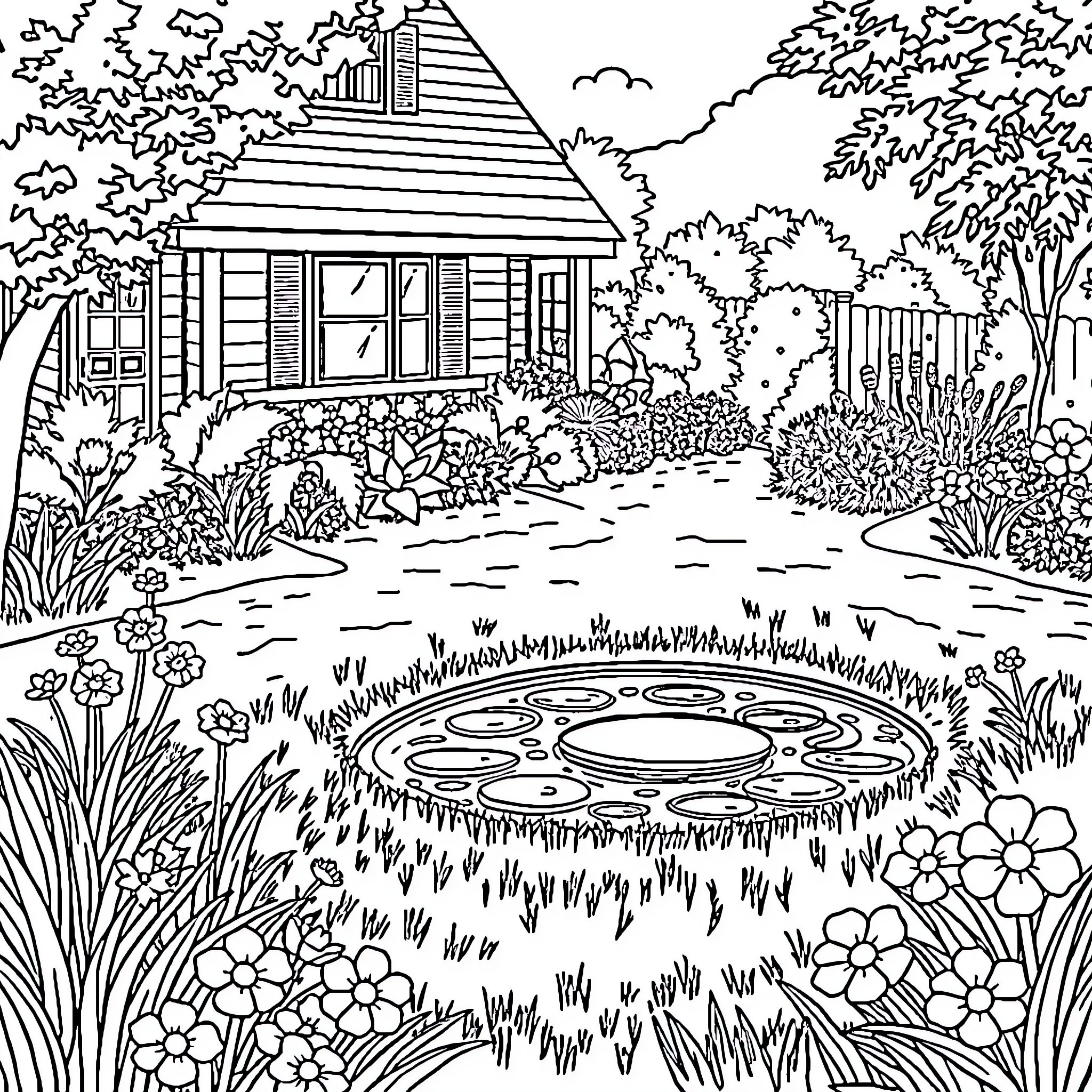 Frog relaxing in a serene garden pond Coloring Page (free black-and-white line drawing printable PDF for all, from beginners to advanced learners, including children, teens, adults, and seniors)