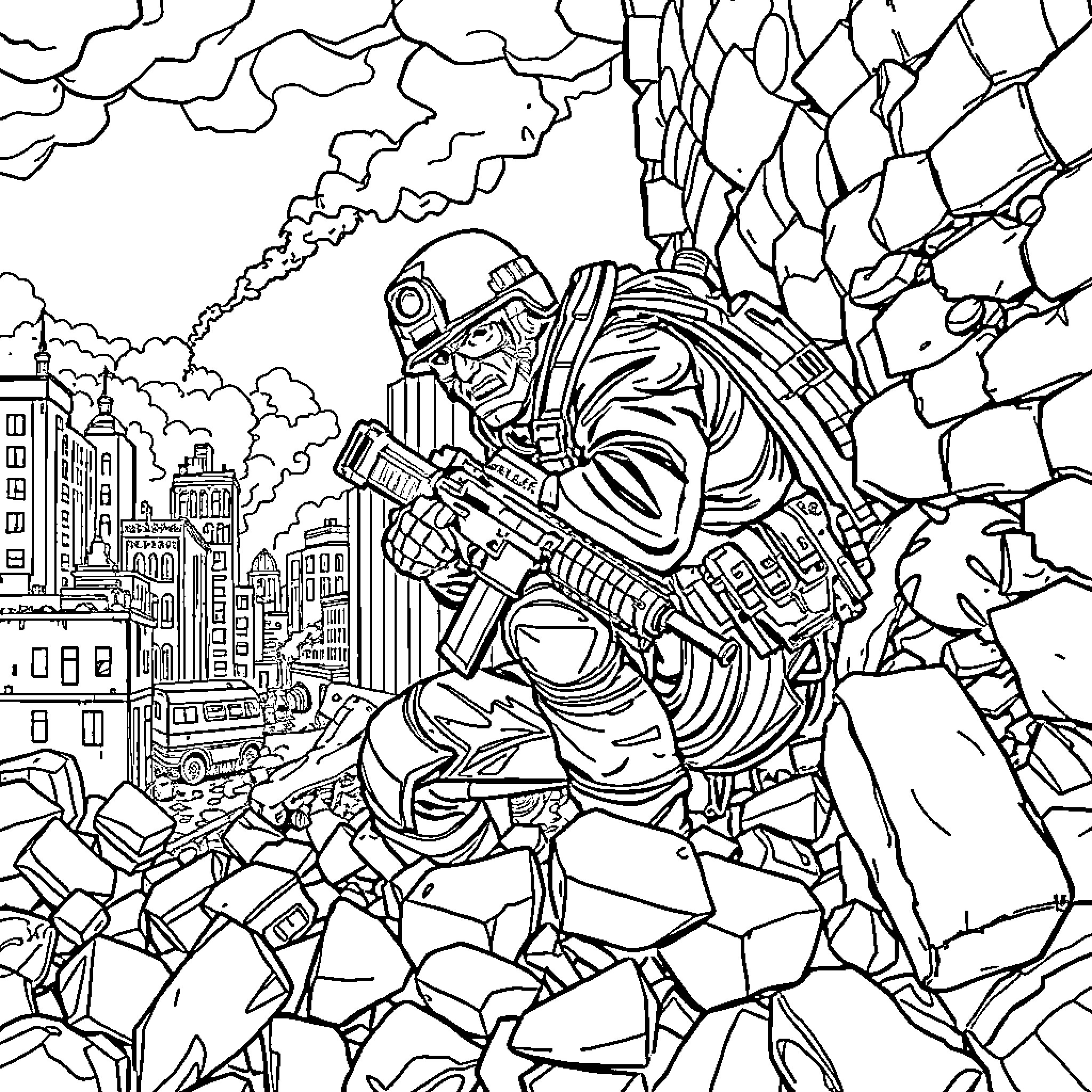 Soldier Advancing Through Debris in City Ruins Coloring Page (free black-and-white line drawing printable PDF for all, from beginners to advanced learners, including children, teens, adults, and seniors)