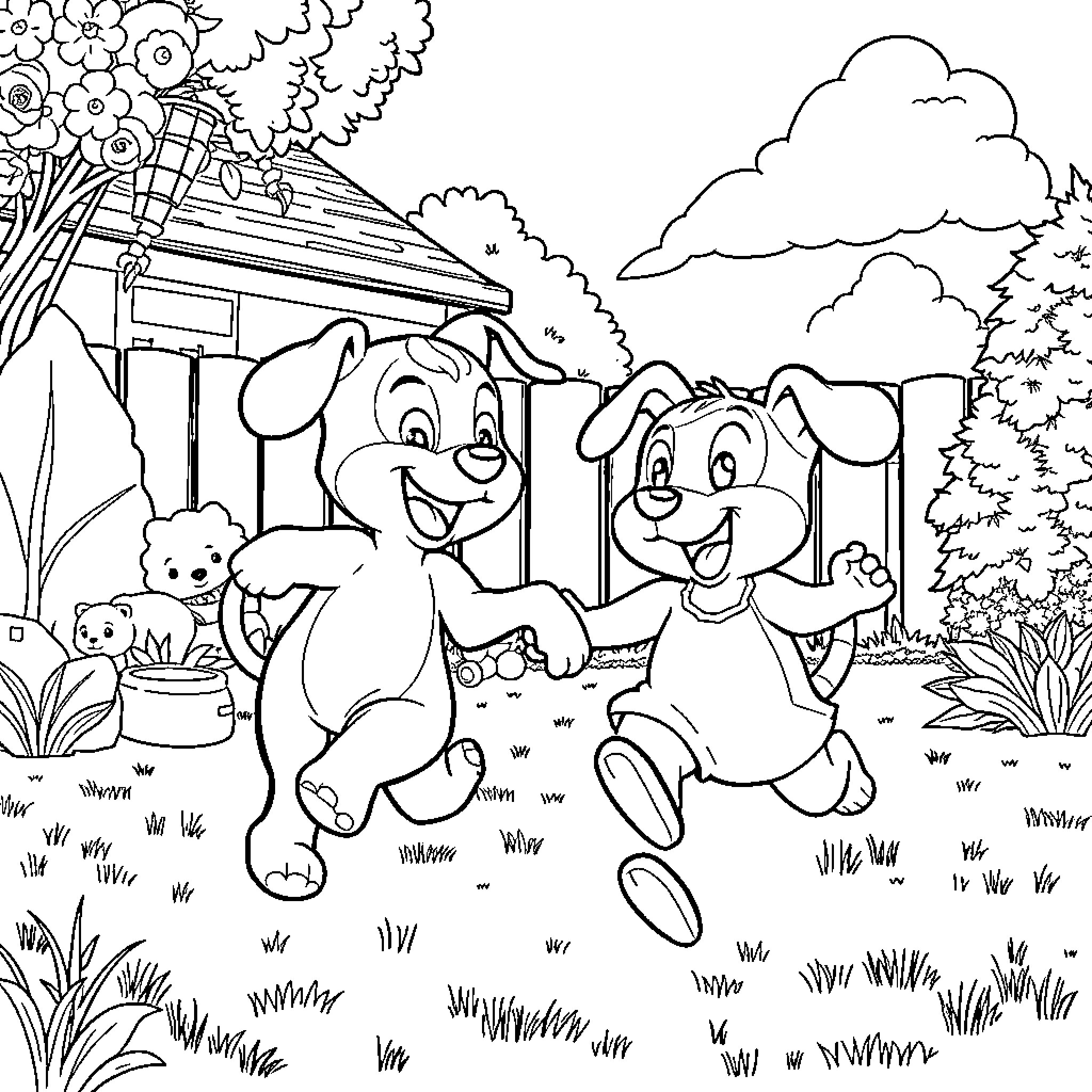 Bluey's Playful Adventure in the Backyard Coloring Page (free black-and-white line drawing printable PDF for all, from beginners to advanced learners, including children, teens, adults, and seniors)