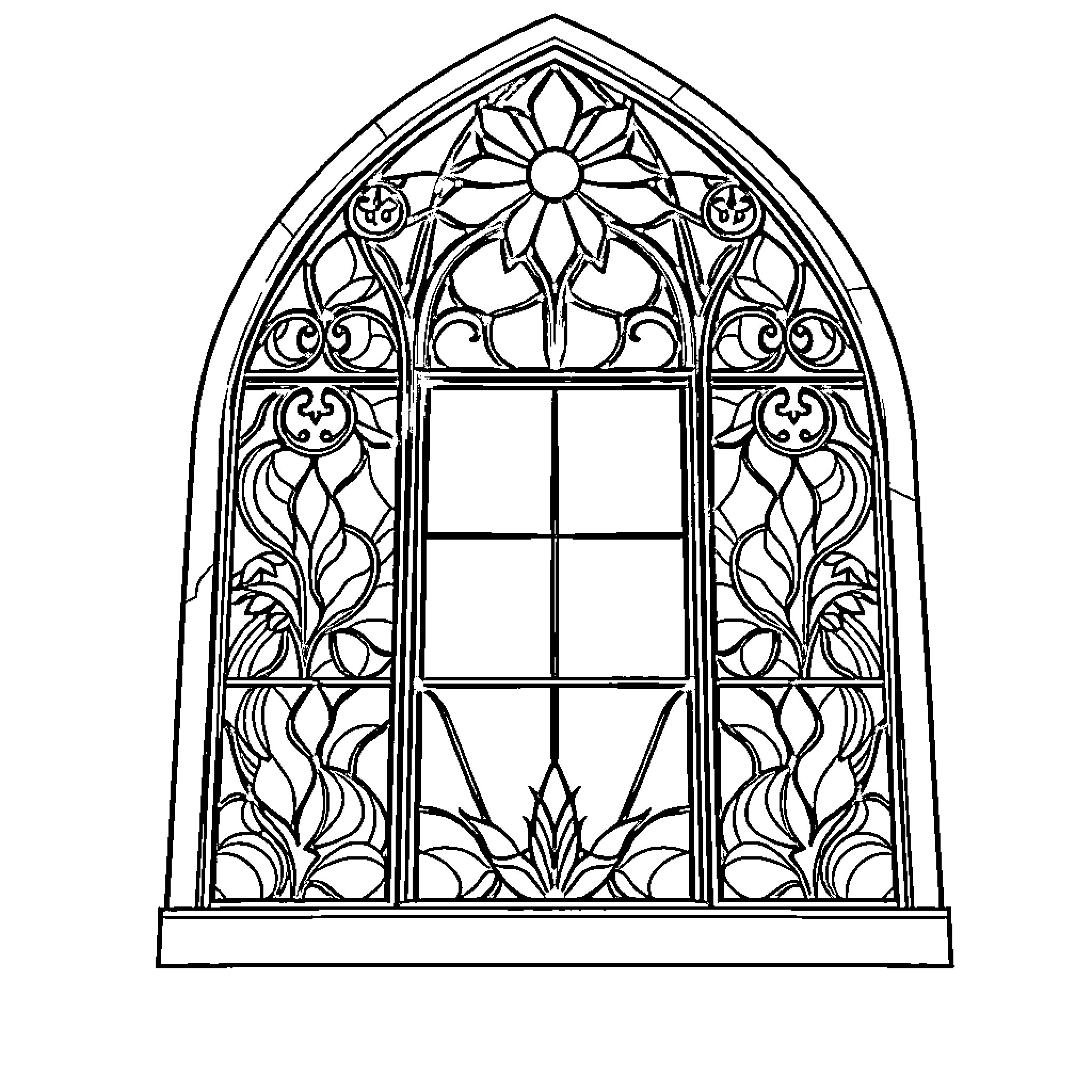 Stain Glass Window with Floral Designs and Window Panes Coloring Page (free black-and-white line drawing printable PDF for all, from beginners to advanced learners, including children, teens, adults, and seniors)