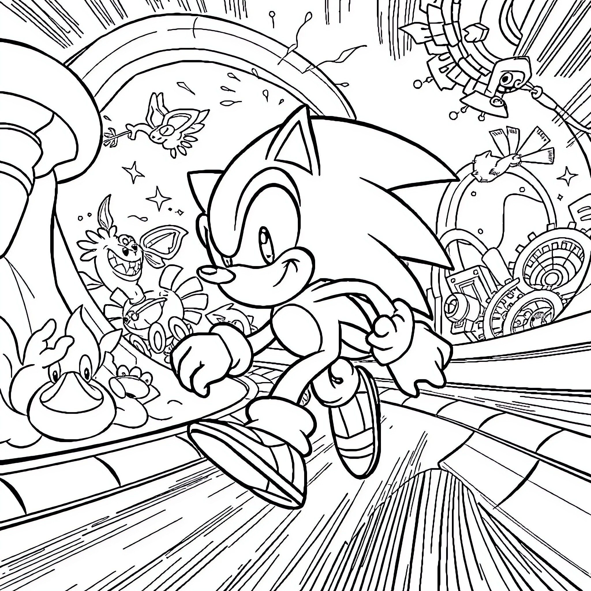 Sonic on a Thrilling Adventure Coloring Page (free black-and-white line drawing printable PDF for all, from beginners to advanced learners, including children, teens, adults, and seniors)