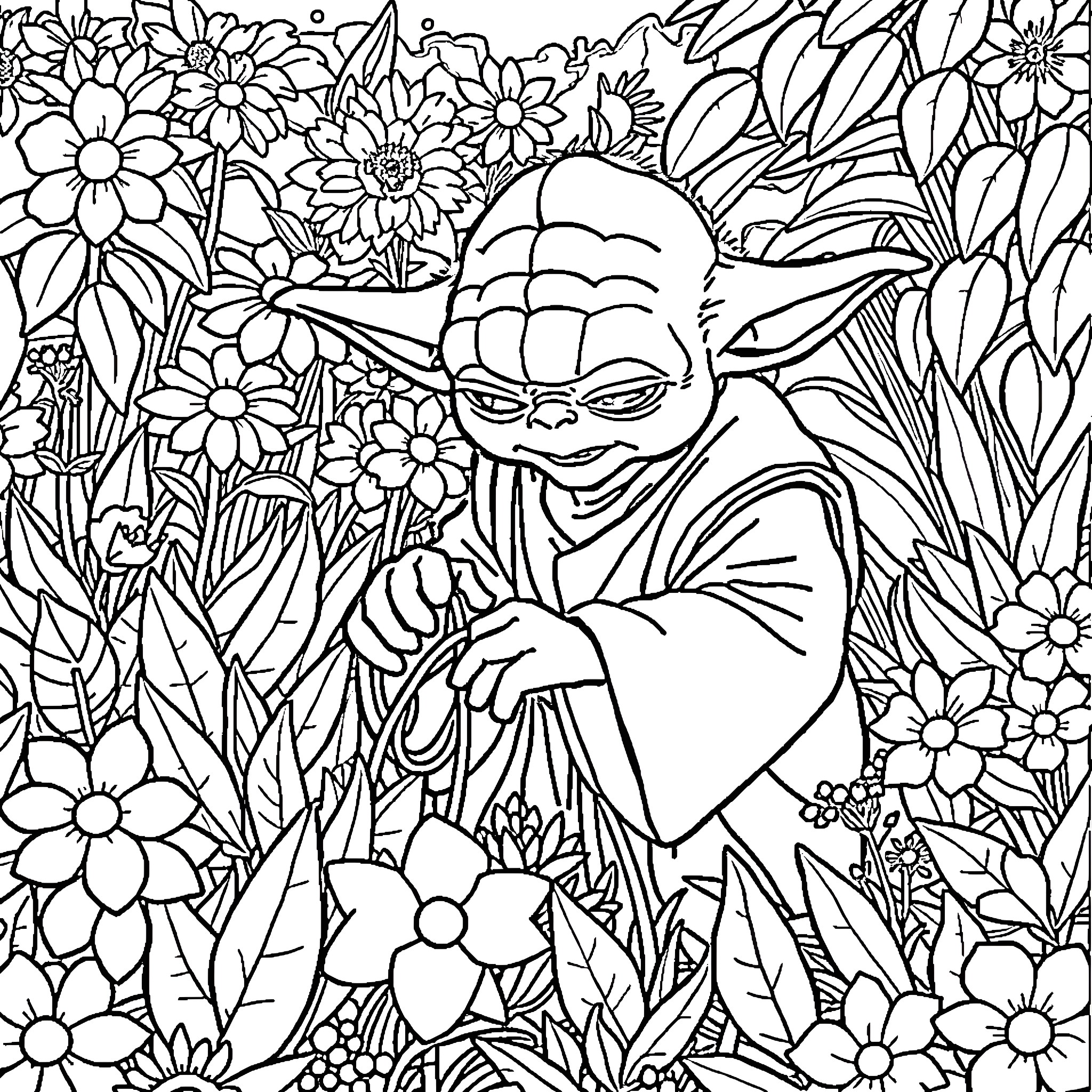 Yoda meditating among vibrant floral garden Coloring Page (free black-and-white line drawing printable PDF for all, from beginners to advanced learners, including children, teens, adults, and seniors)