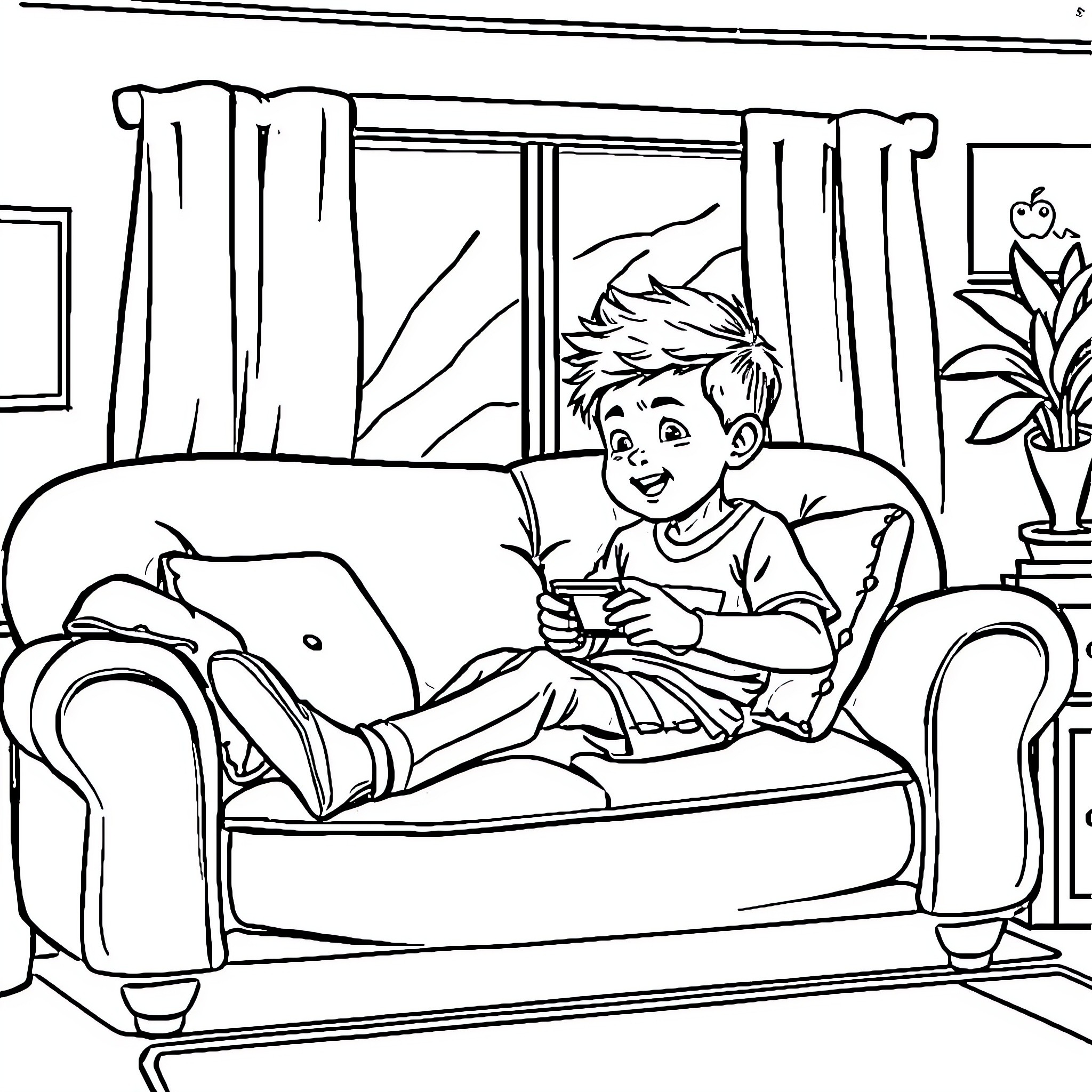 Pumuda Playing Happily on the Couch Coloring Page (free black-and-white line drawing printable PDF for all, from beginners to advanced learners, including children, teens, adults, and seniors)
