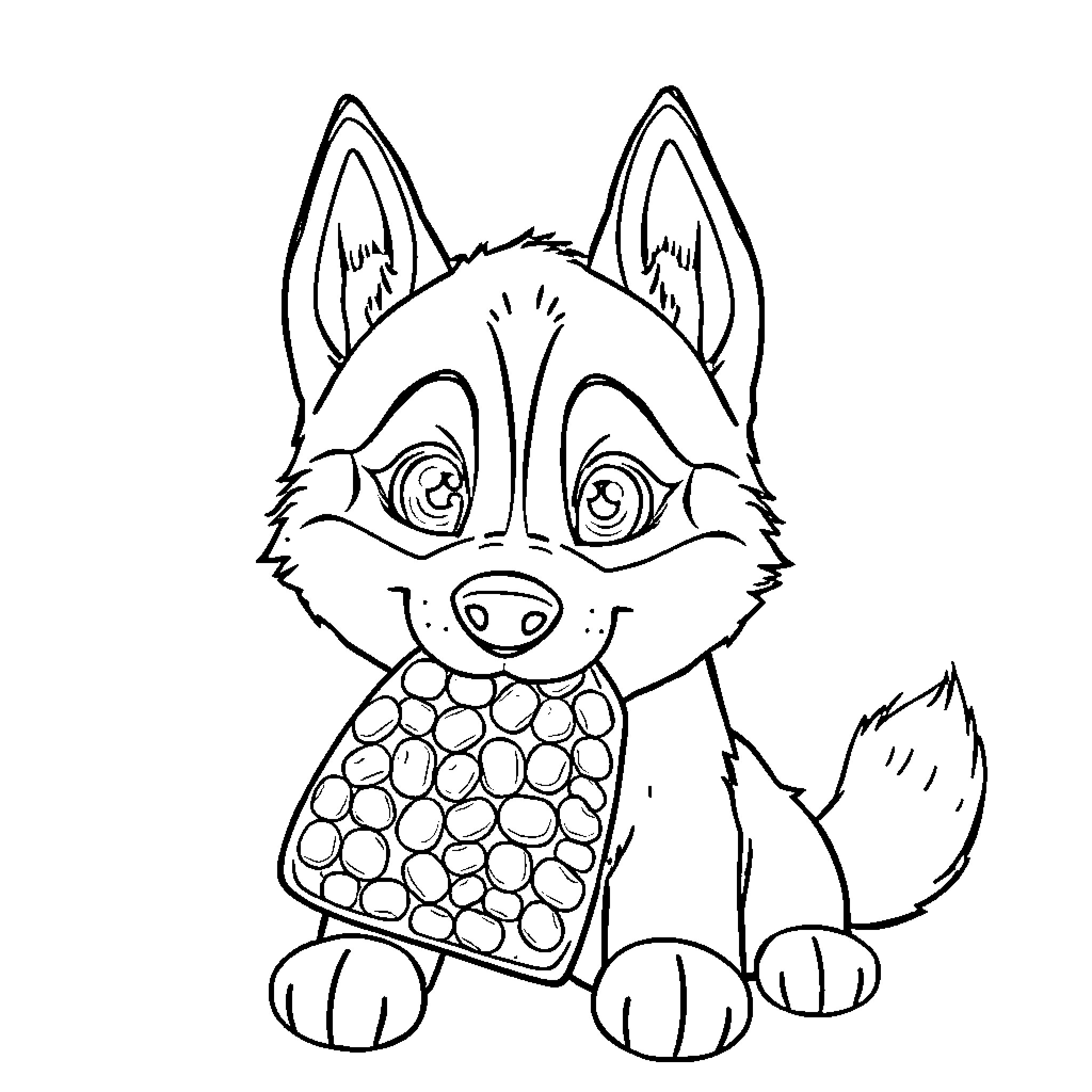Husky pup with patterned outfit Coloring Page (free black-and-white line drawing printable PDF for all, from beginners to advanced learners, including children, teens, adults, and seniors)