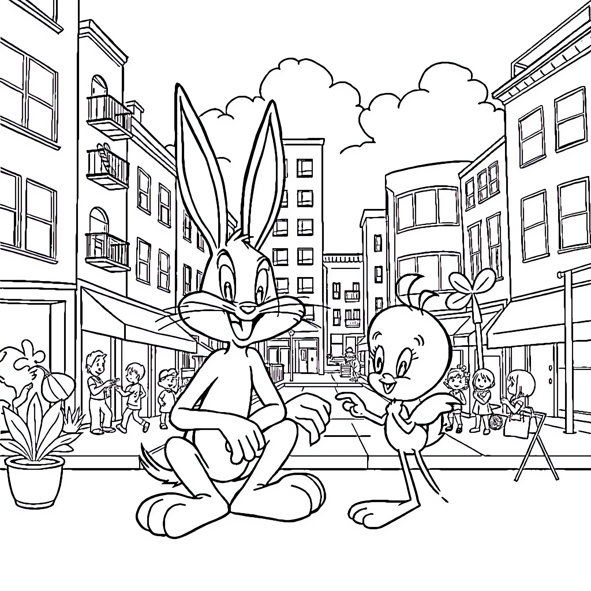 Bugs Bunny and Daffy Duck in the city Coloring Page (free black-and-white line drawing printable PDF for all, from beginners to advanced learners, including children, teens, adults, and seniors)