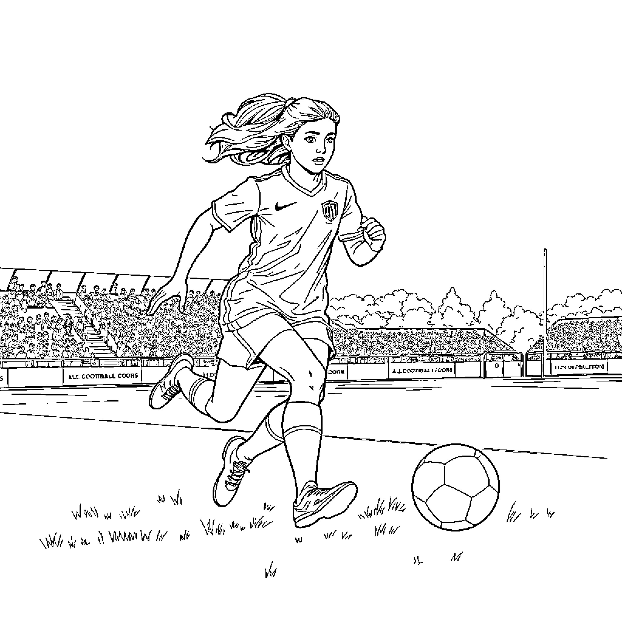 Football Player Running on the Field Coloring Page (free black-and-white line drawing printable PDF for all, from beginners to advanced learners, including children, teens, adults, and seniors)