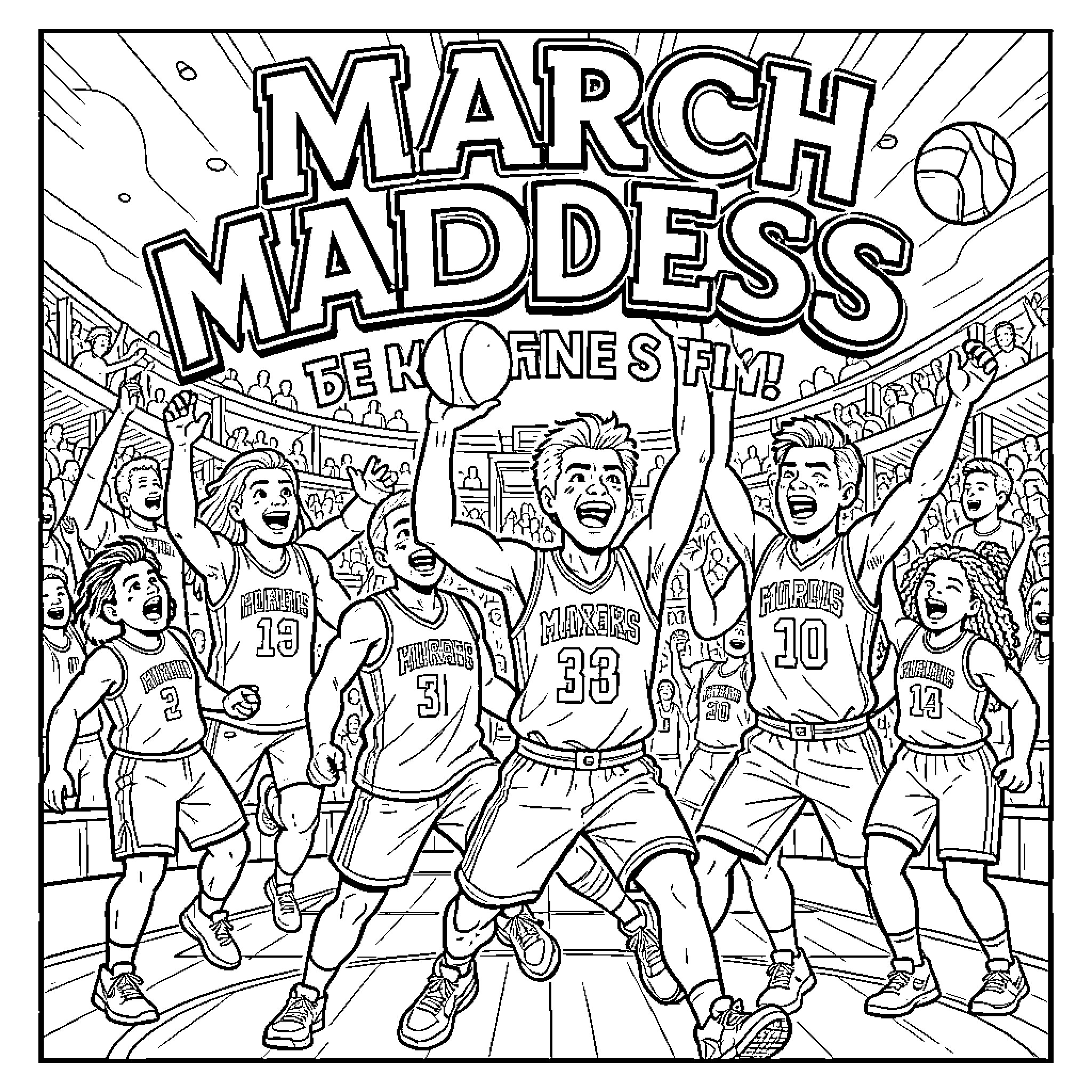 March Madness Basketball Tournament Excitement Coloring Page (free black-and-white line drawing printable PDF for all, from beginners to advanced learners, including children, teens, adults, and seniors)