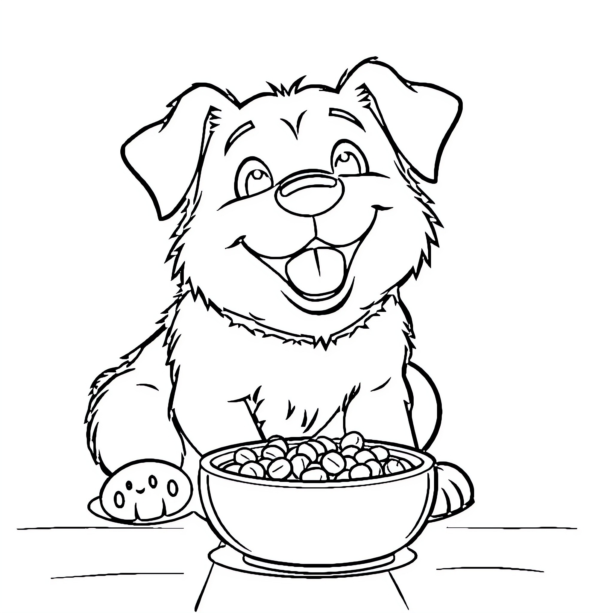 Dog enjoying a bowl of treats Coloring Page (free black-and-white line drawing printable PDF for all, from beginners to advanced learners, including children, teens, adults, and seniors)