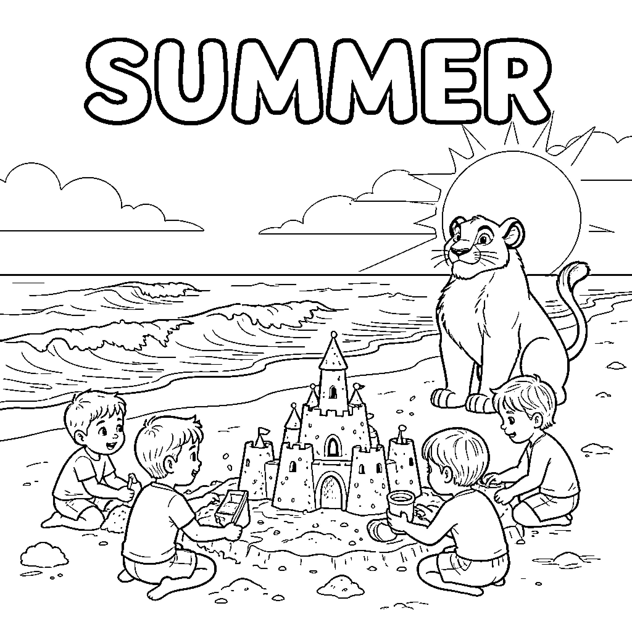 Simba watching children building a sandcastle on the beach Coloring Page (free black-and-white line drawing printable PDF for all, from beginners to advanced learners, including children, teens, adults, and seniors)