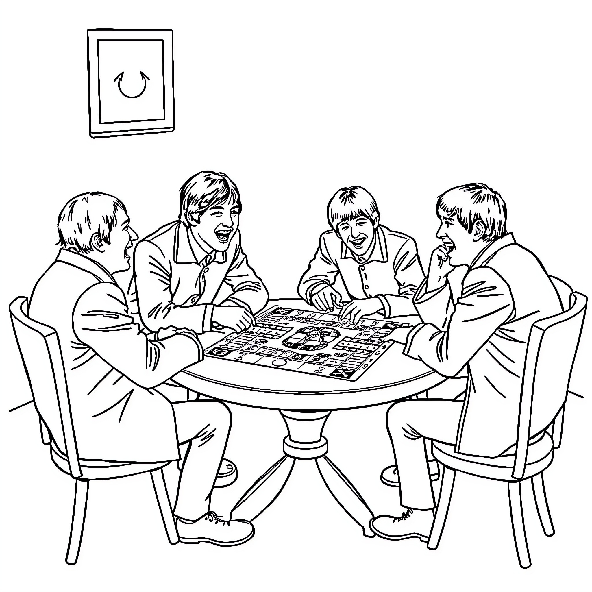Beatles playing a board game together Coloring Page (free black-and-white line drawing printable PDF for all, from beginners to advanced learners, including children, teens, adults, and seniors)