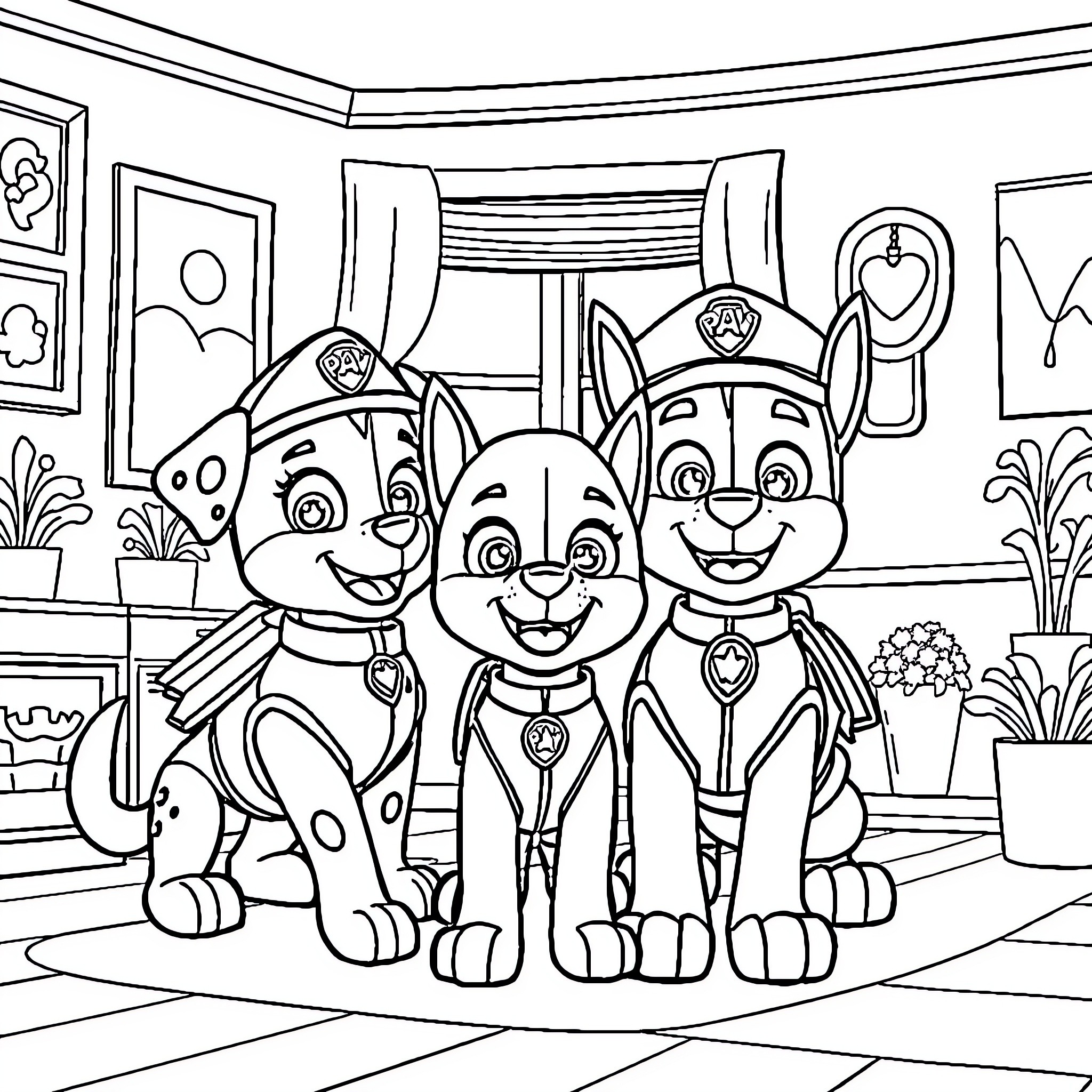 Paw Patrol friends in their gear and poses Coloring Page (free black-and-white line drawing printable PDF for all, from beginners to advanced learners, including children, teens, adults, and seniors)