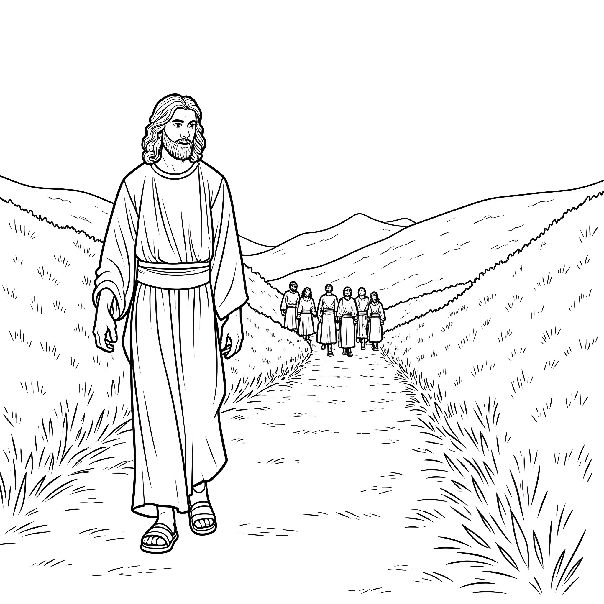 Jesus walking with his disciples in a scenic landscape Coloring Page (free black-and-white line drawing printable PDF for all, from beginners to advanced learners, including children, teens, adults, and seniors)