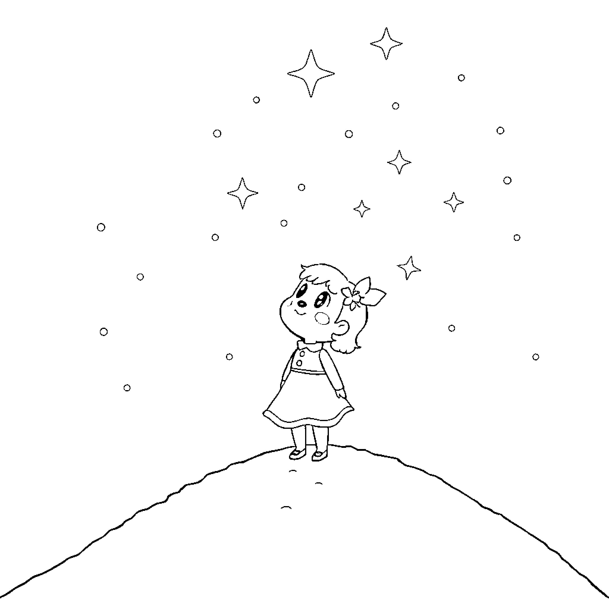 Celeste gazing at the starry night sky Coloring Page (free black-and-white line drawing printable PDF for all, from beginners to advanced learners, including children, teens, adults, and seniors)