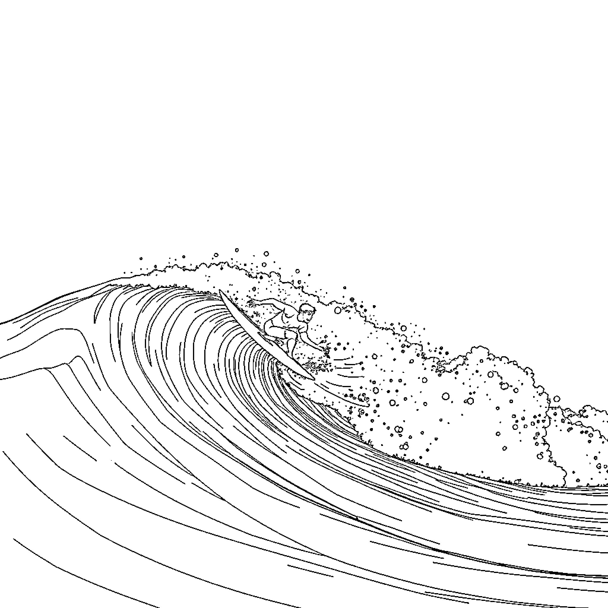 Surfer riding a towering wave Coloring Page (free black-and-white line drawing printable PDF for all, from beginners to advanced learners, including children, teens, adults, and seniors)