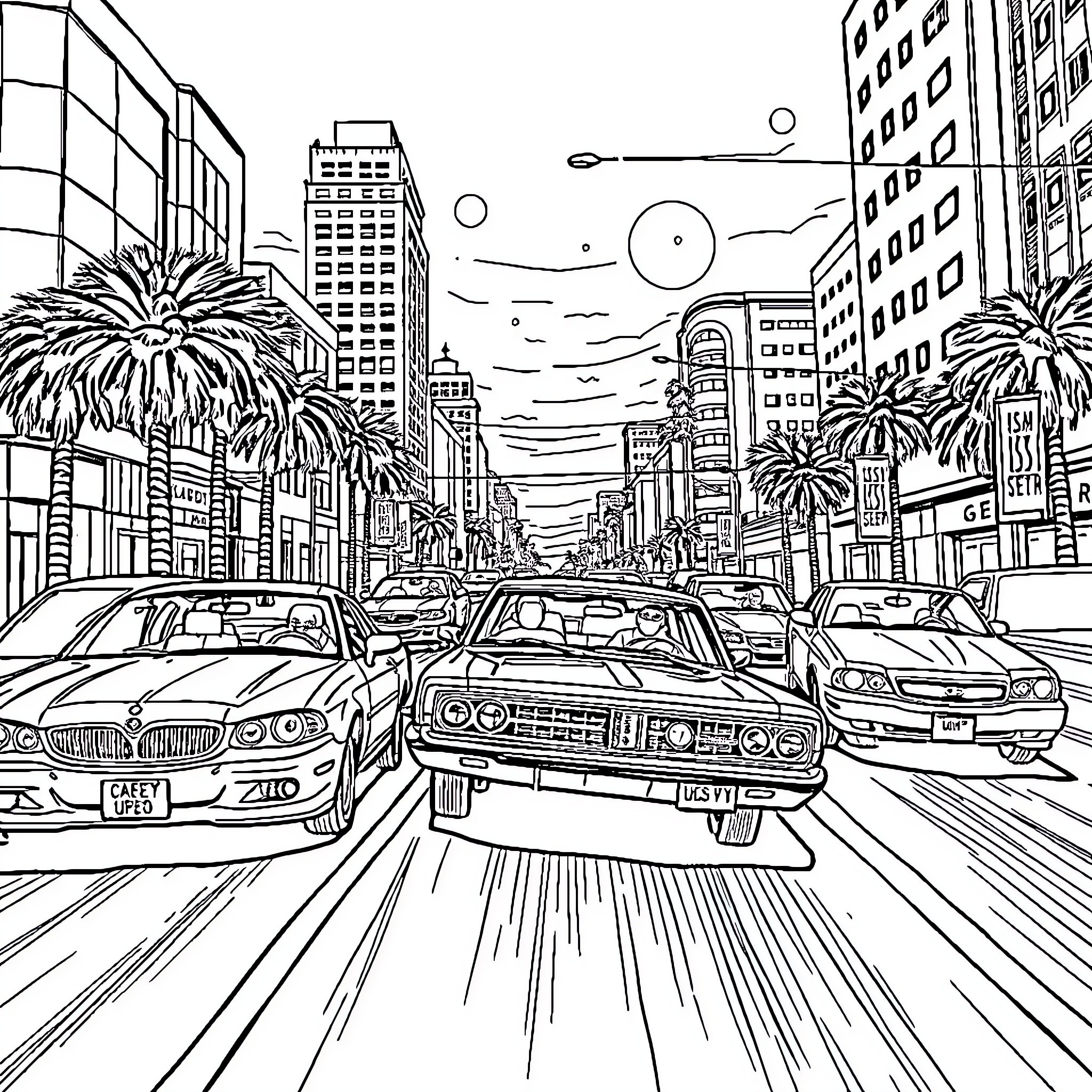 Chase through the bustling city streets Coloring Page (free black-and-white line drawing printable PDF for all, from beginners to advanced learners, including children, teens, adults, and seniors)