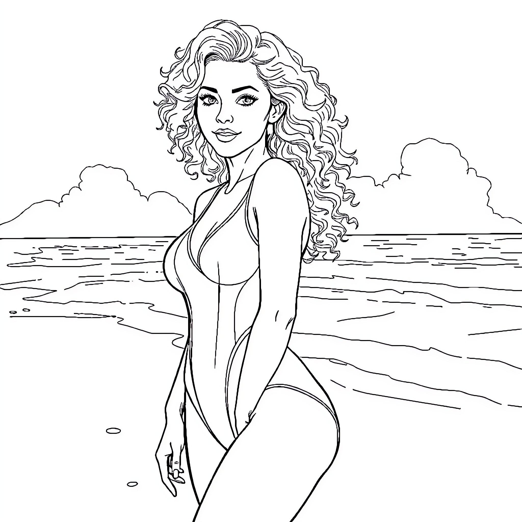 Woman in elegant swimwear posing by the ocean Coloring Page (free black-and-white line drawing printable PDF for all, from beginners to advanced learners, including children, teens, adults, and seniors)